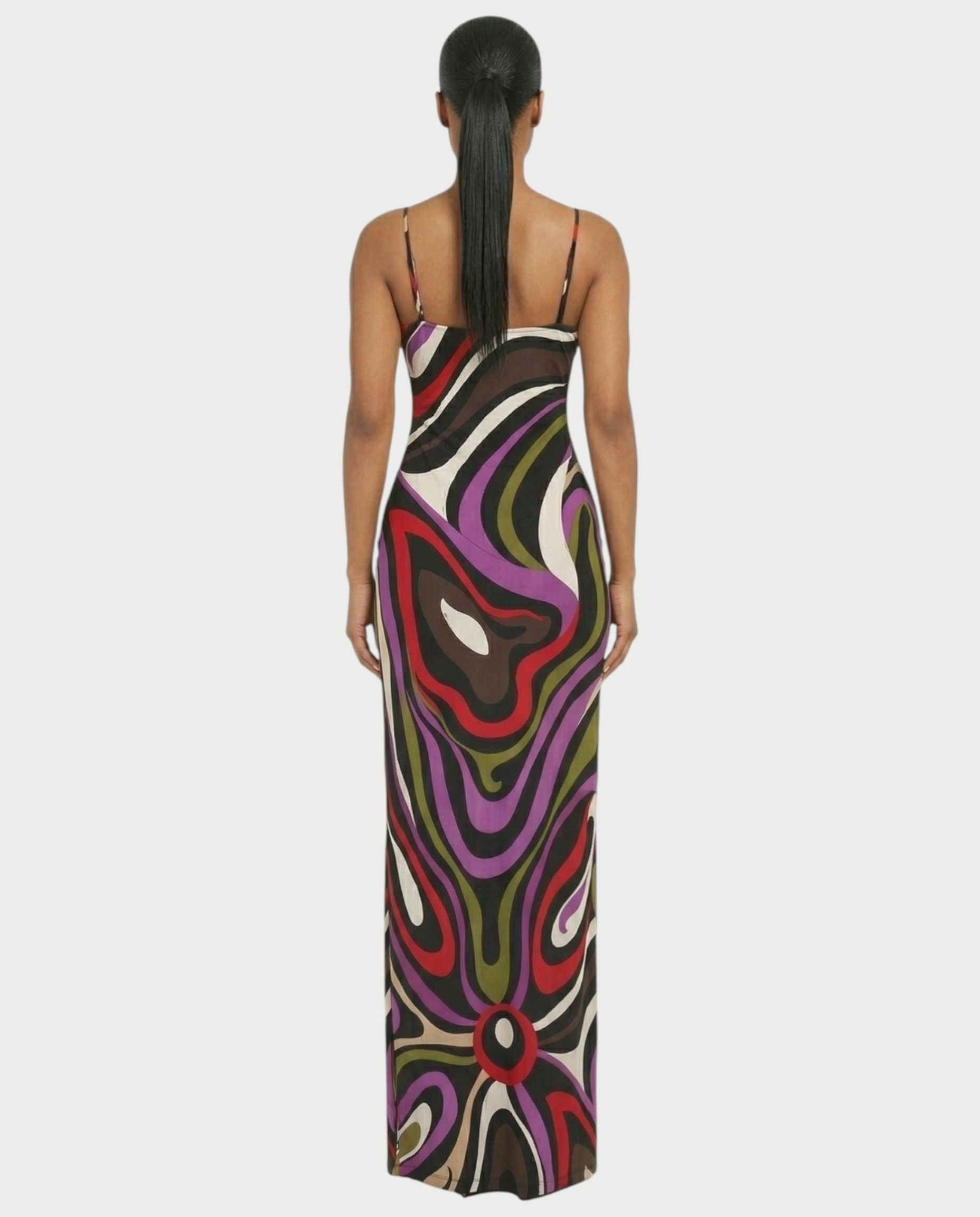 ROMEYA Abstract Swirl Print Bodycon Maxi Dress