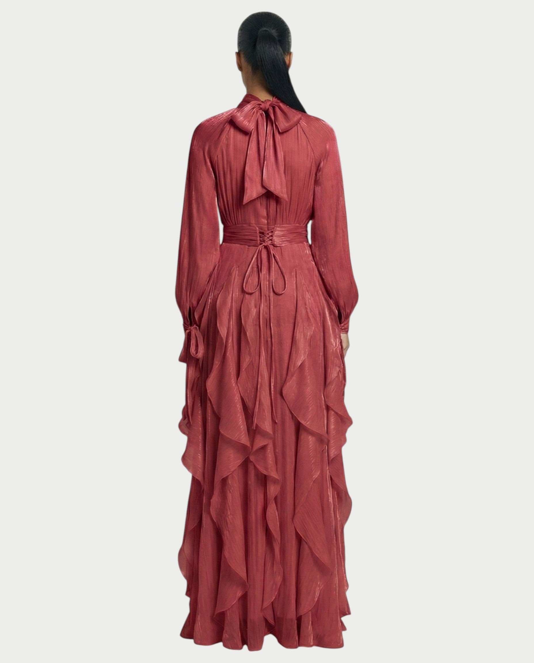 ELMA High-Neck Draped Ruffle Maxi Dress