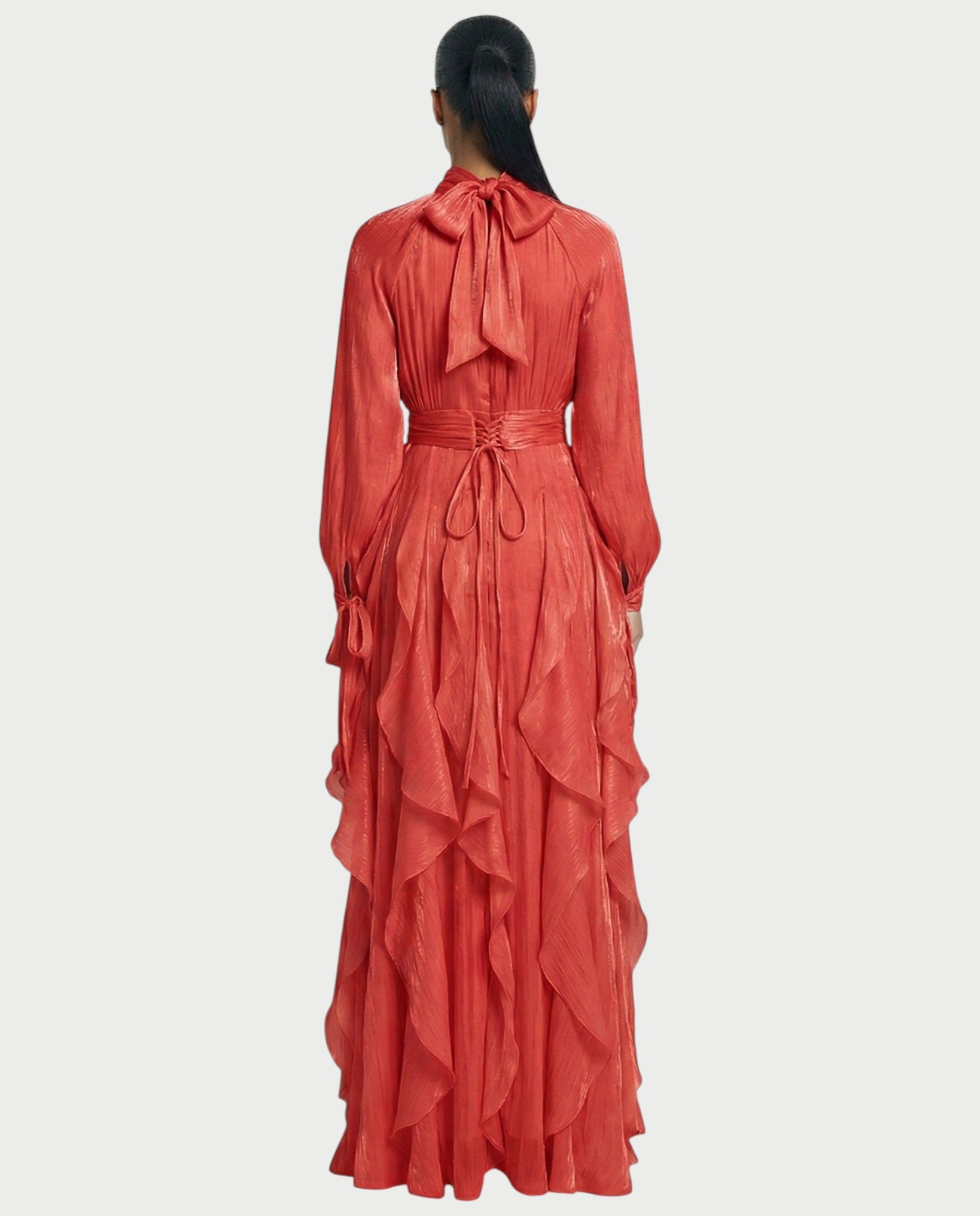 ELMA High-Neck Draped Ruffle Maxi Dress