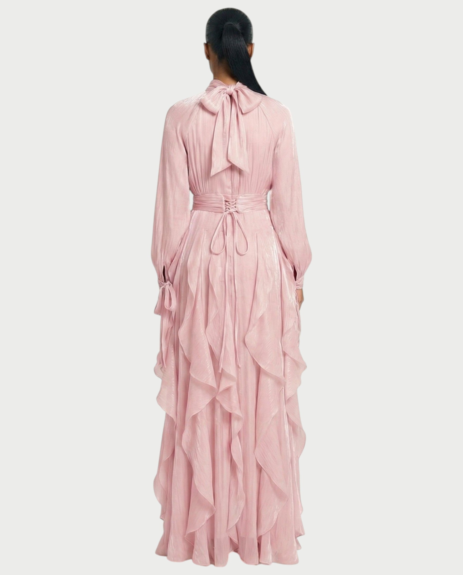 ELMA High-Neck Draped Ruffle Maxi Dress