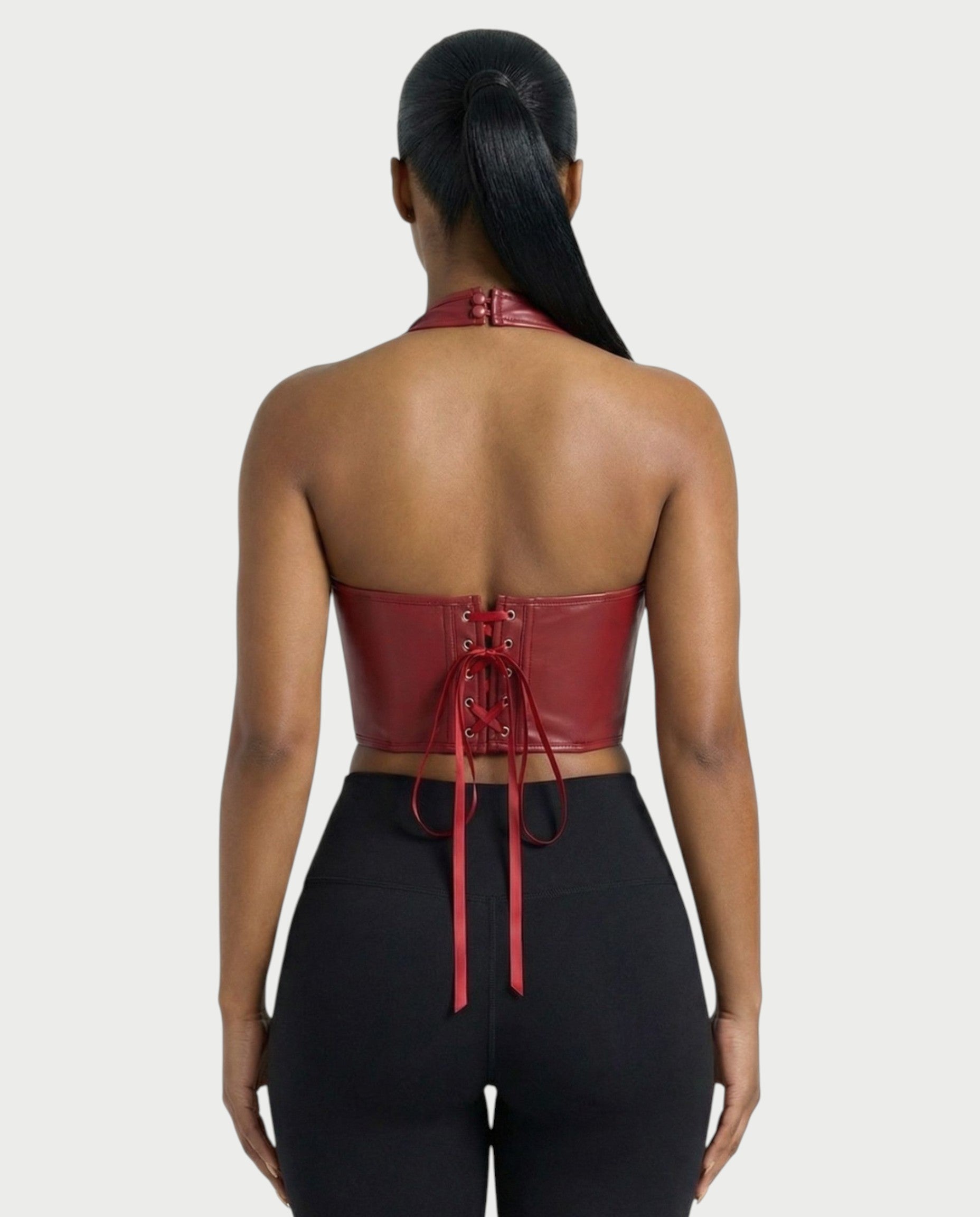 VERLYN Faux Leather Halter Neck Corset Top