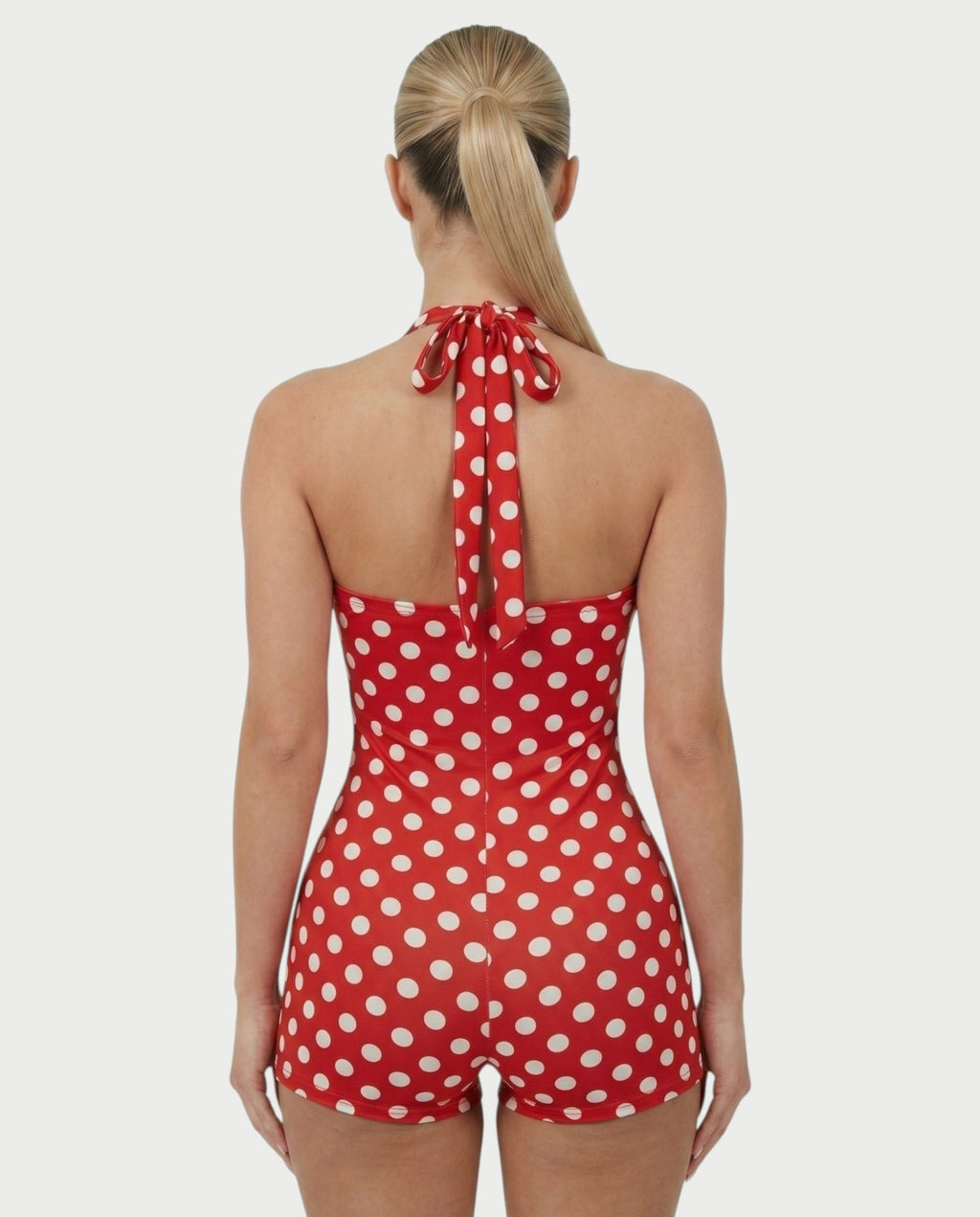 AMESA Retro Polka Dot Halter Tie Romper