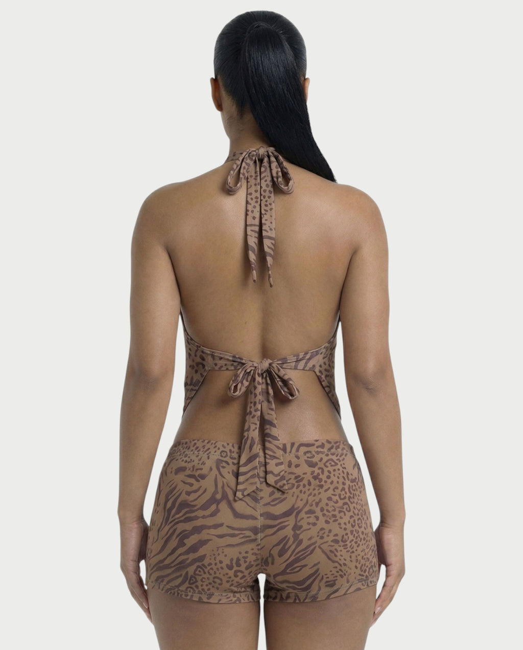 LARIMA Draped Halter Tie-Back Top & Bodycon Shorts Set