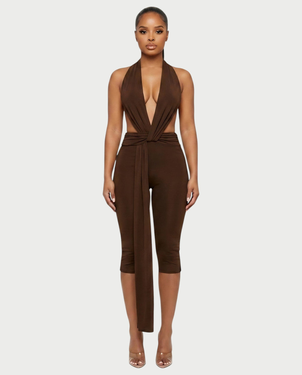 LINNA Plunging Halter Wrap Capri Romper