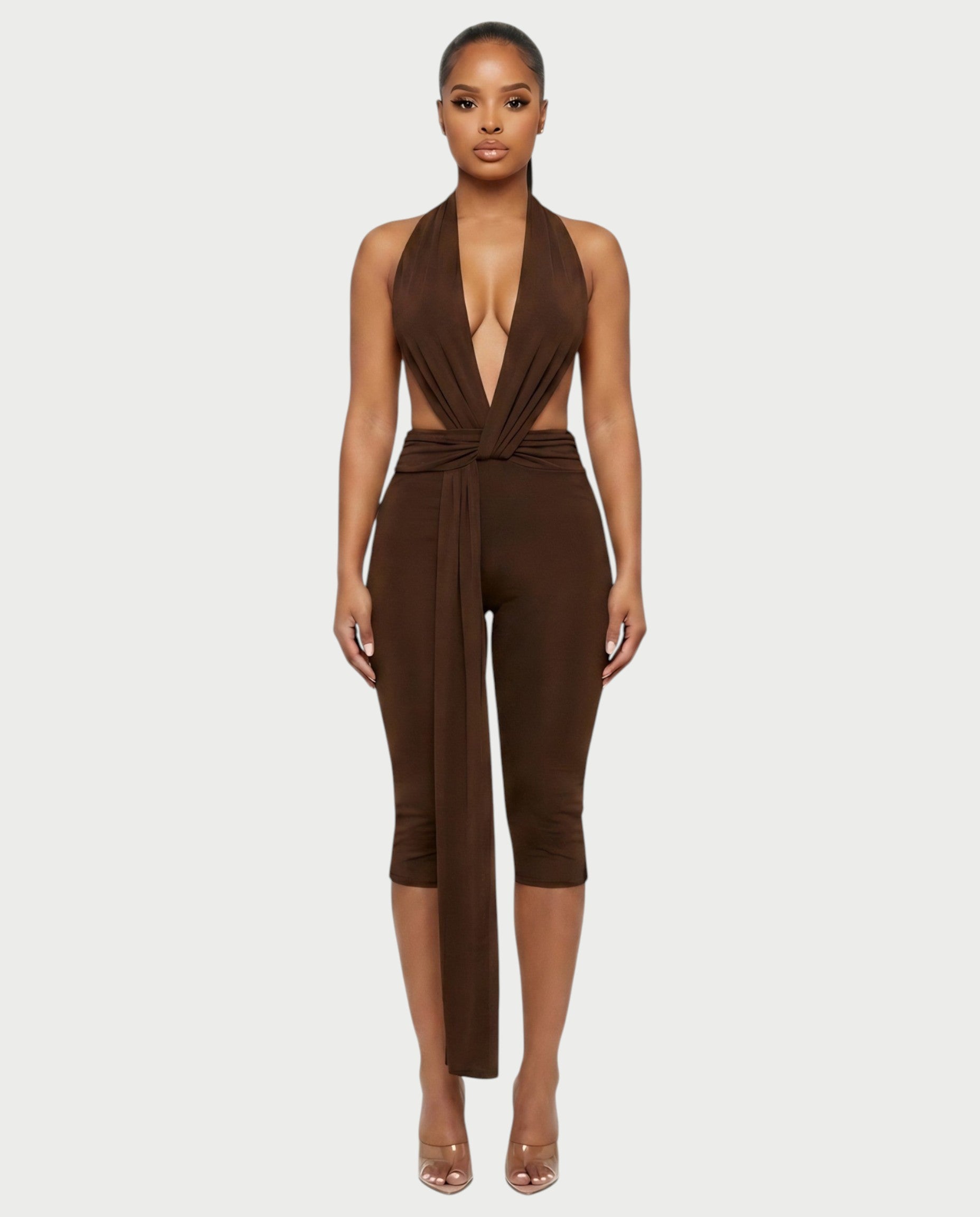 LINNA Plunging Halter Wrap Capri Romper