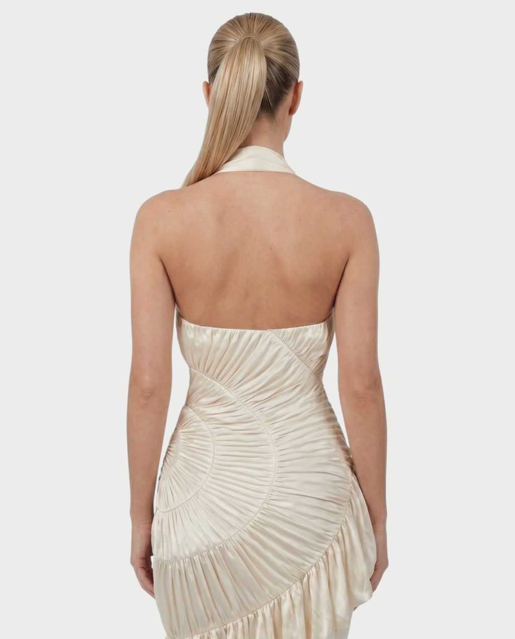 DALEYA Champagne Draped Pleated Ruffle Maxi Dress