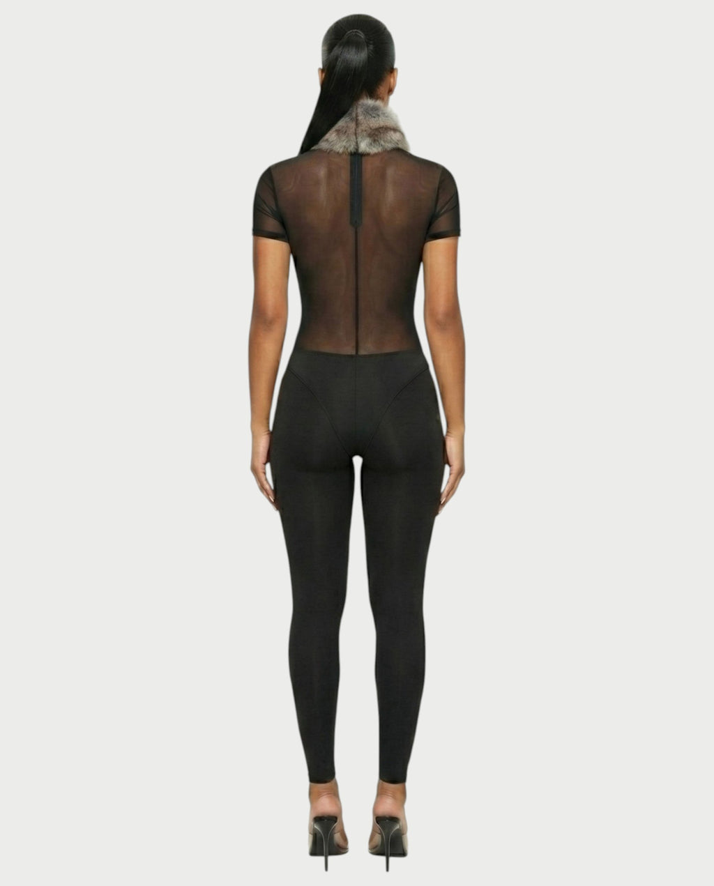 BECCA Sheer Mesh Fur Trim Bodysuit