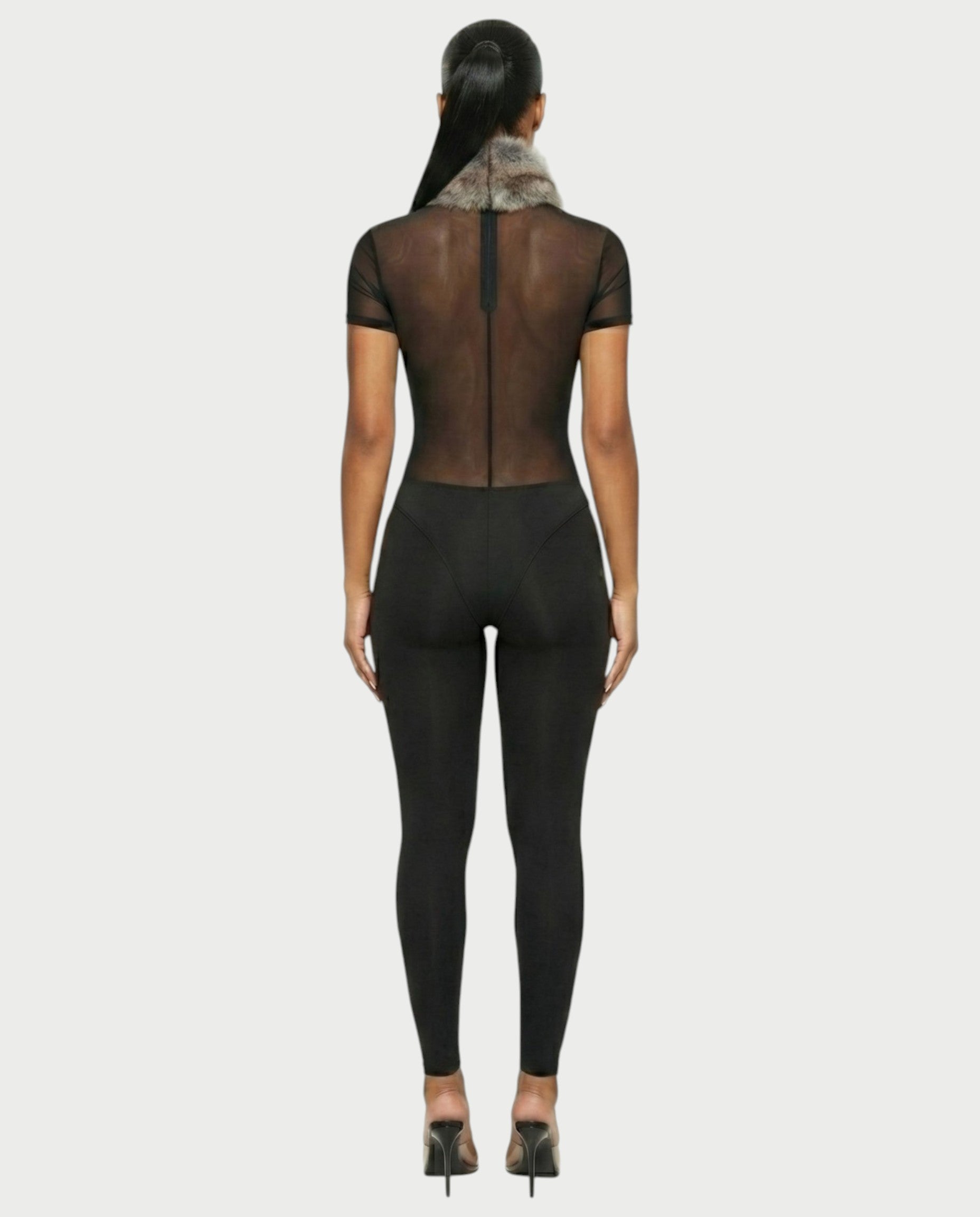 BECCA Sheer Mesh Fur Trim Bodysuit
