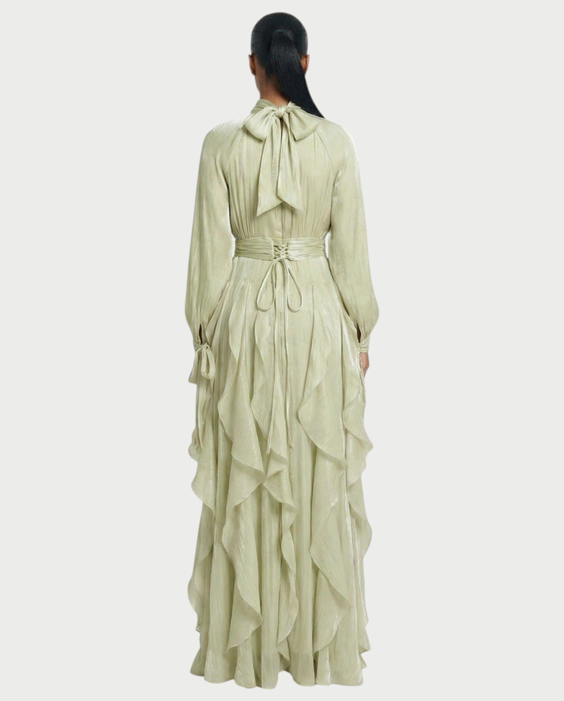ELMA High-Neck Draped Ruffle Maxi Dress
