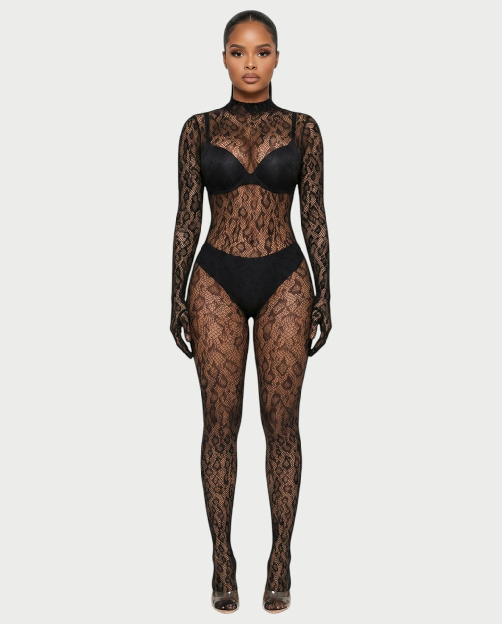 AVILA Sheer Leopard Lace Bodycon Jumpsuit