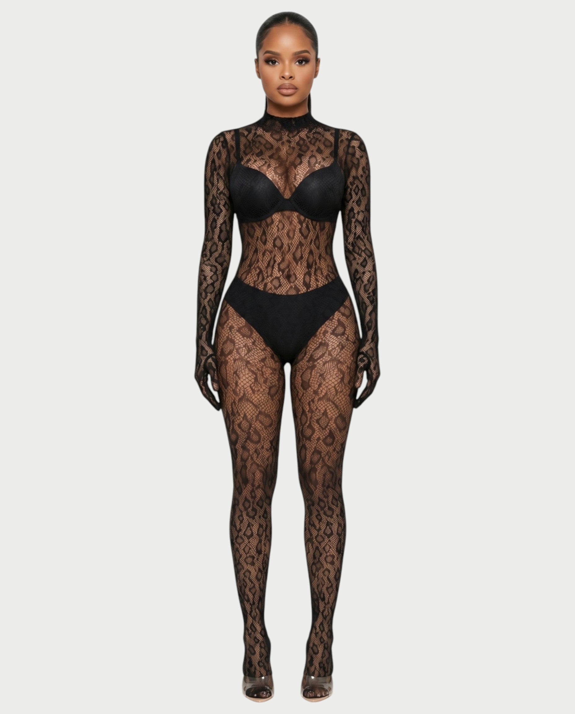 AVILA Sheer Leopard Lace Bodycon Jumpsuit