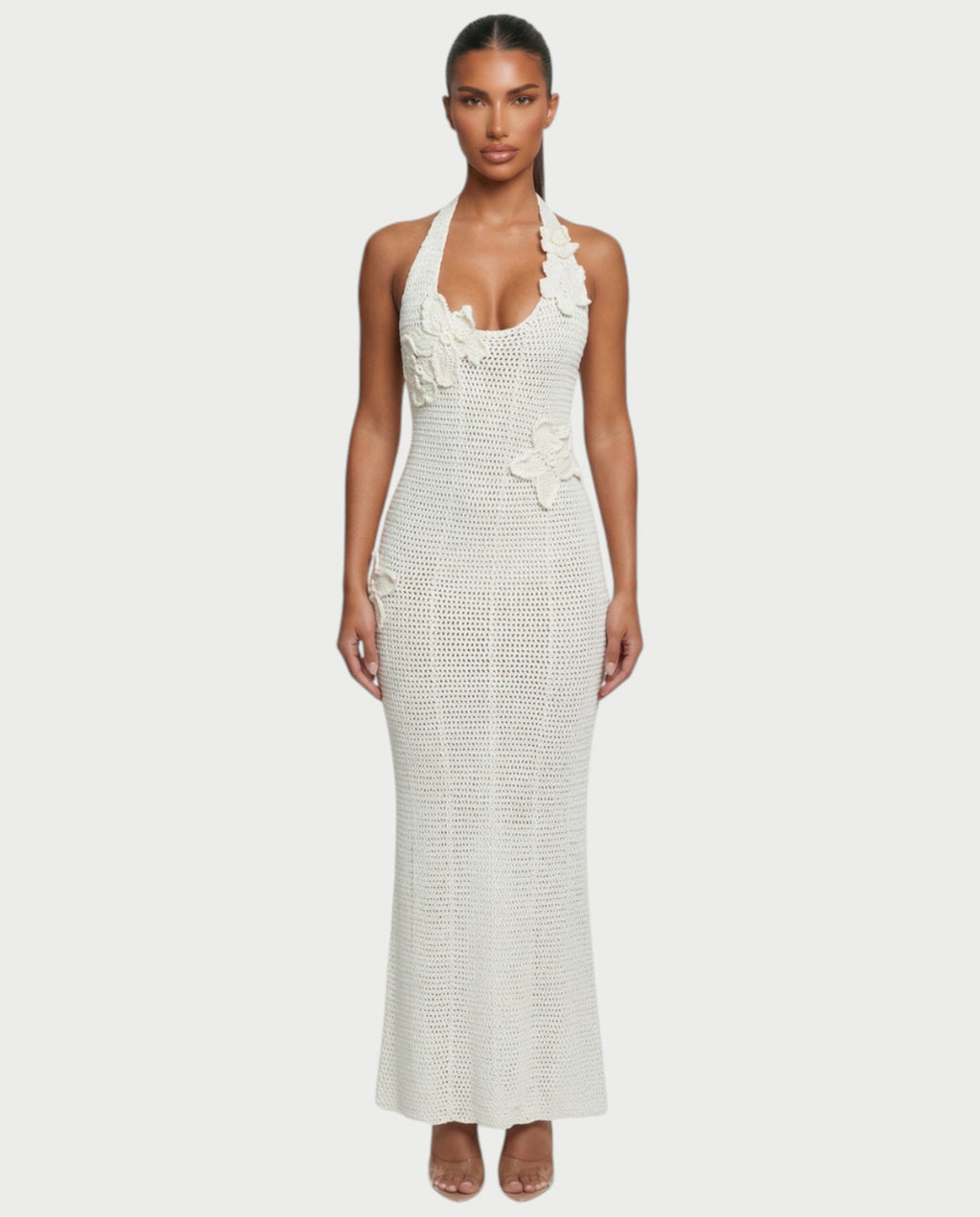 CESIA Crochet Backless Floral Appliqué Maxi Dress