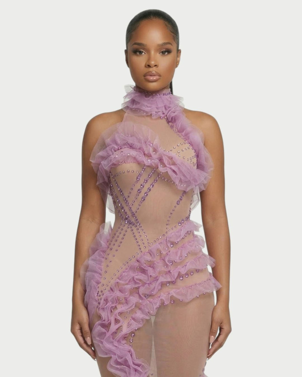 TERRIE Sheer Rhinestone & Ruffle High-Neck Maxi Dress