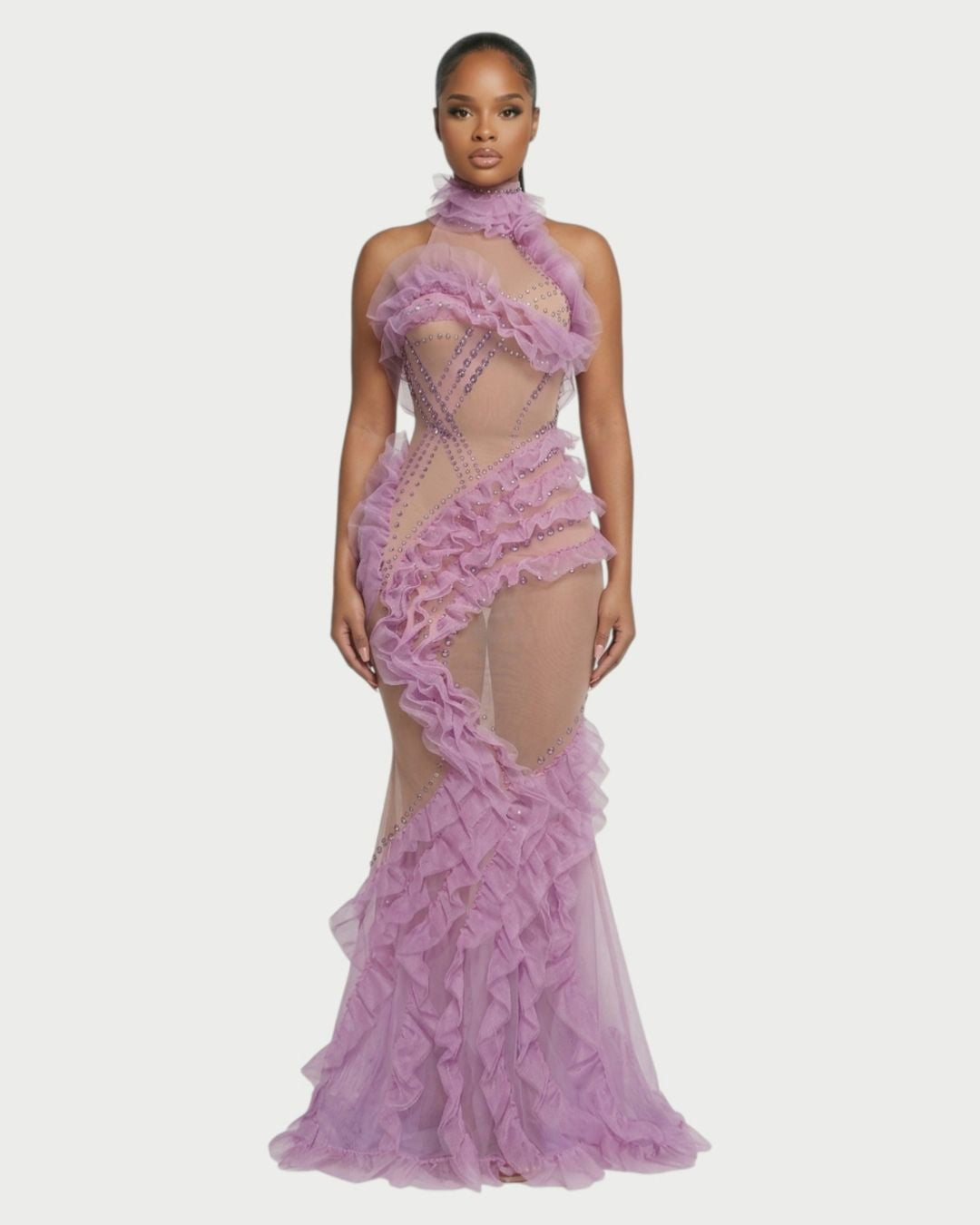 TERRIE Sheer Rhinestone & Ruffle High-Neck Maxi Dress