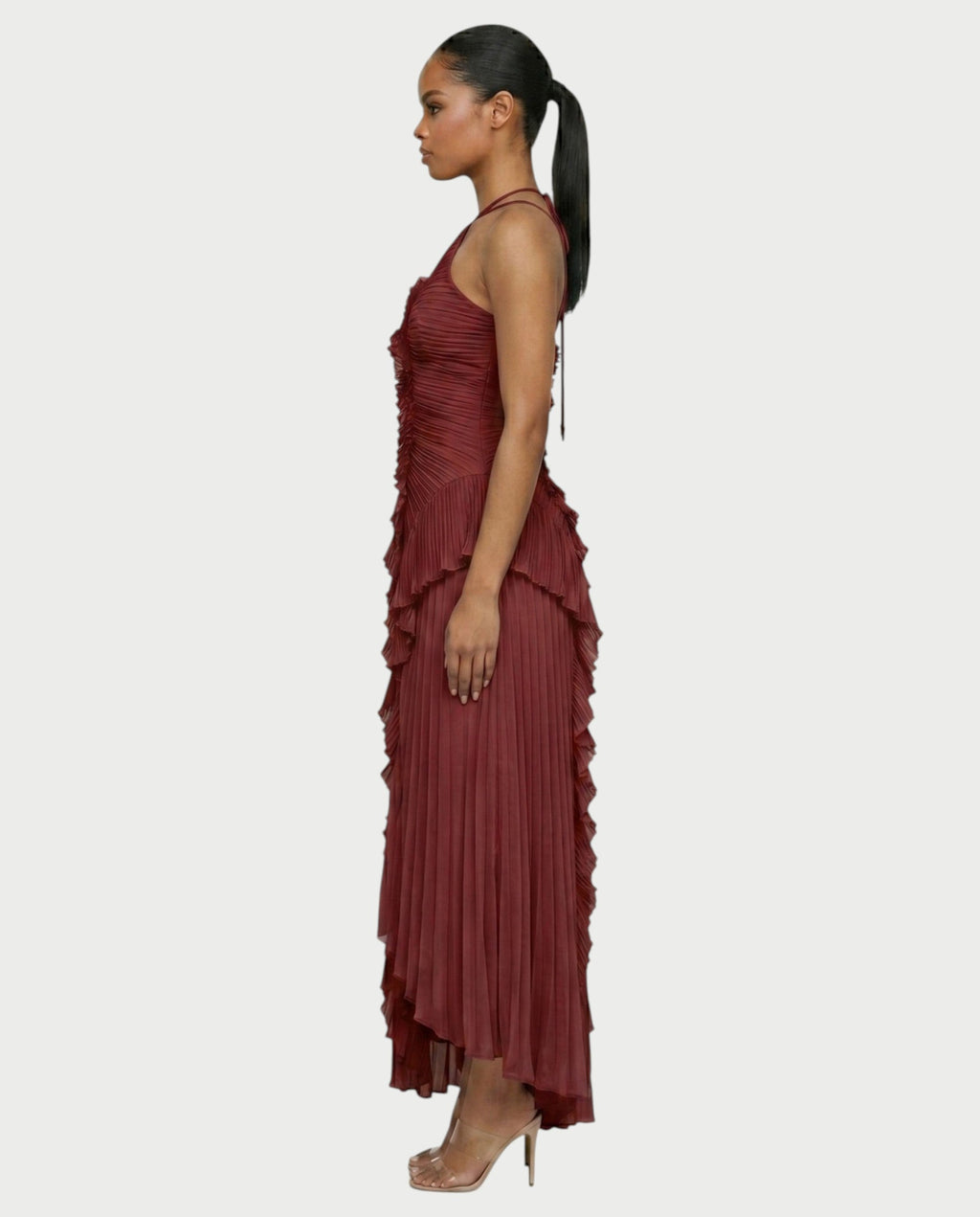 XYLORIA Chiffon Pleated Ruffle Asymmetrical Maxi Dress