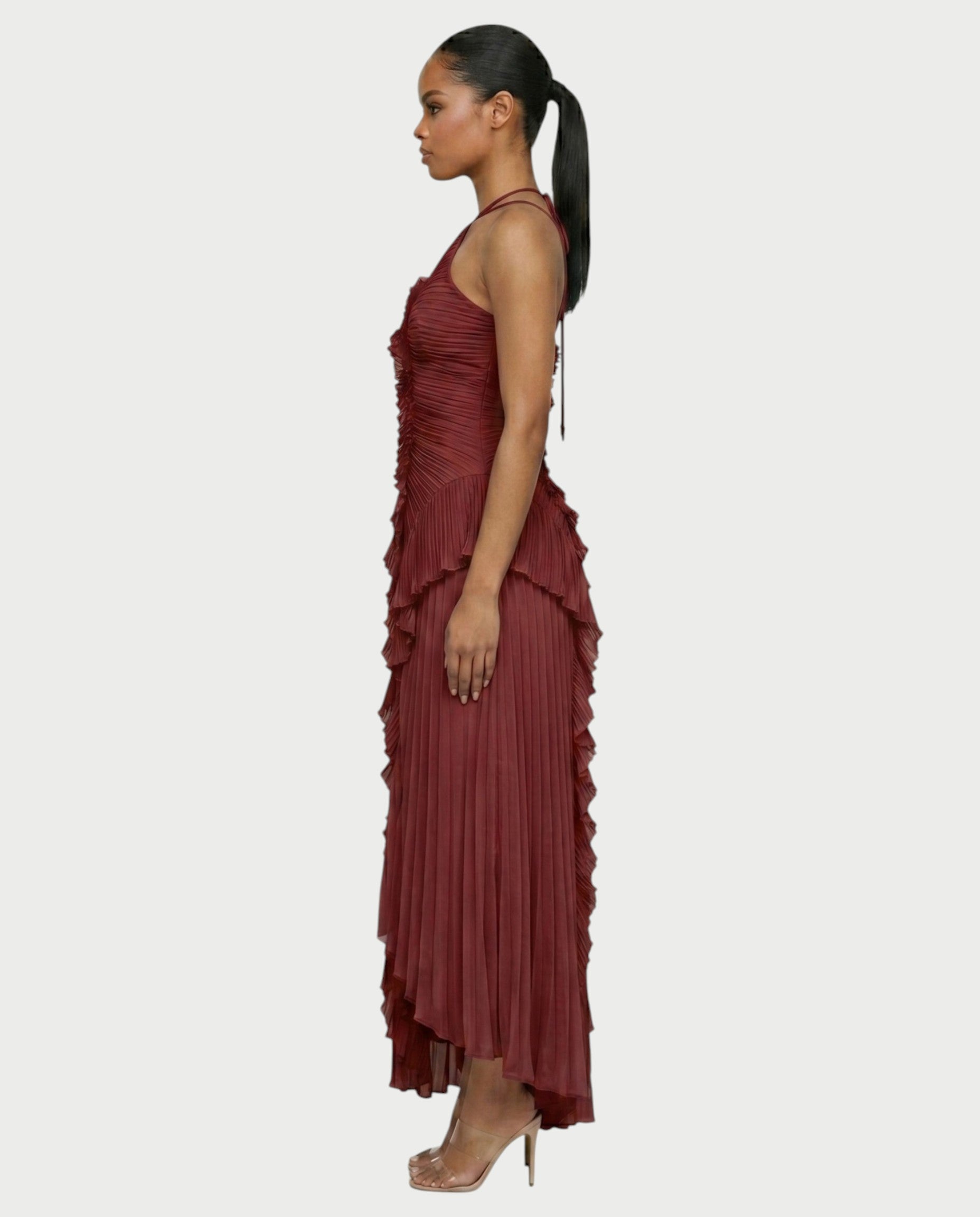 XYLORIA Chiffon Pleated Ruffle Asymmetrical Maxi Dress