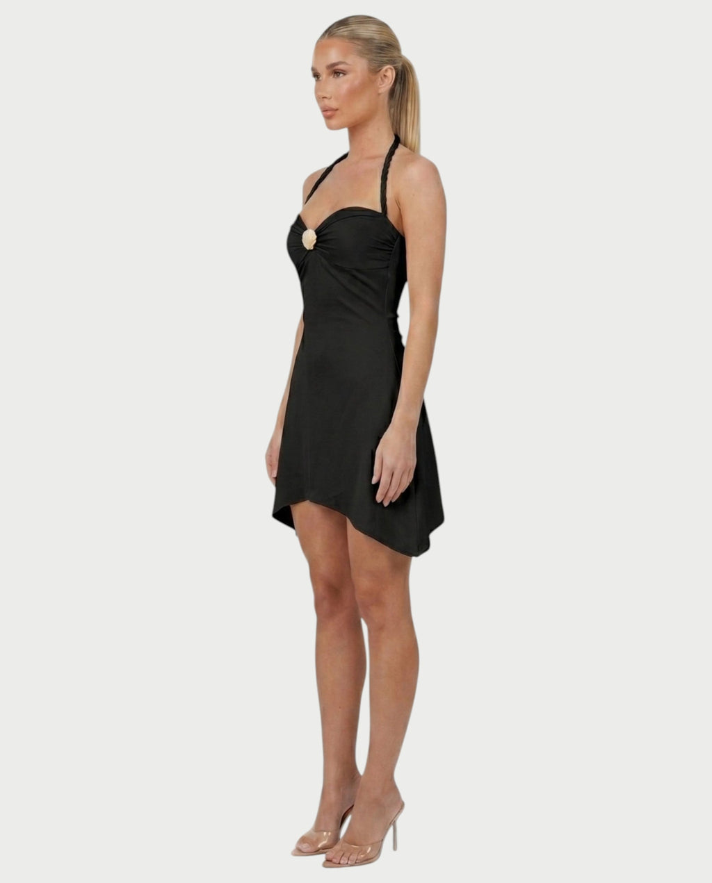 ERLANA Ruched Shell Braided Strap Mini Dress