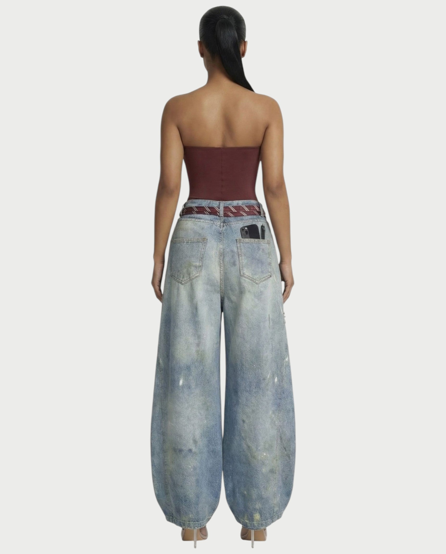 LORETA Graphic Tie Oversized Denim Pants