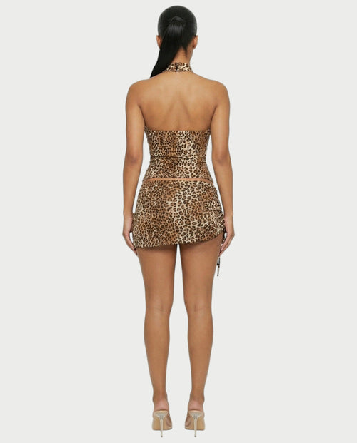 NICKA Leopard Corset Top & Side Tie Mini Skirt Set