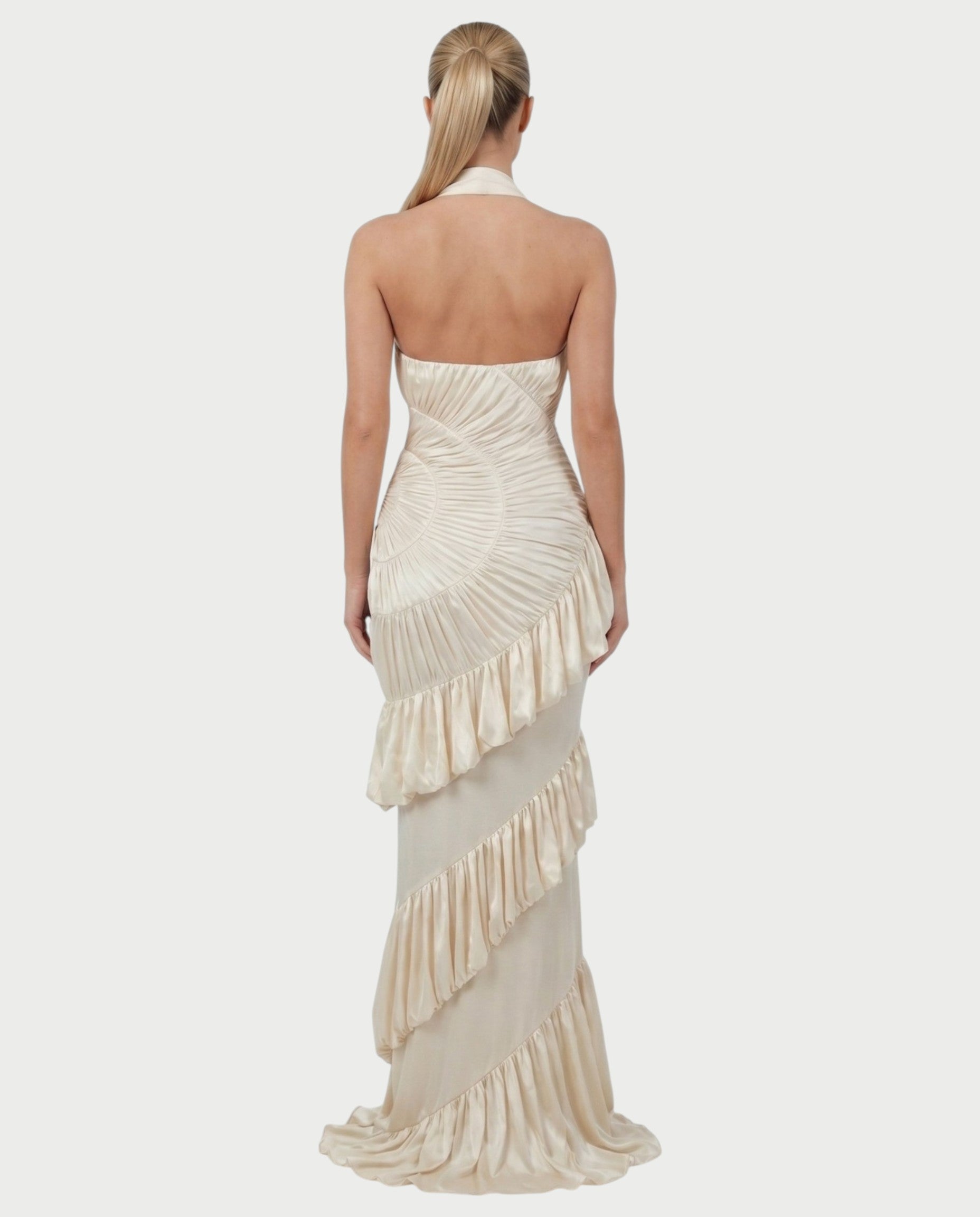 DALEYA Champagne Draped Pleated Ruffle Maxi Dress