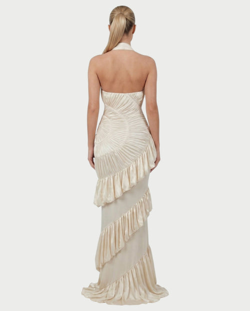 DALEYA Champagne Draped Pleated Ruffle Maxi Dress