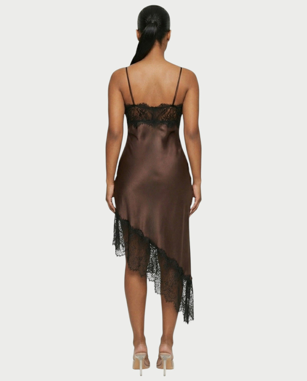 KARISA Sheer Lace Satin Midi Dress