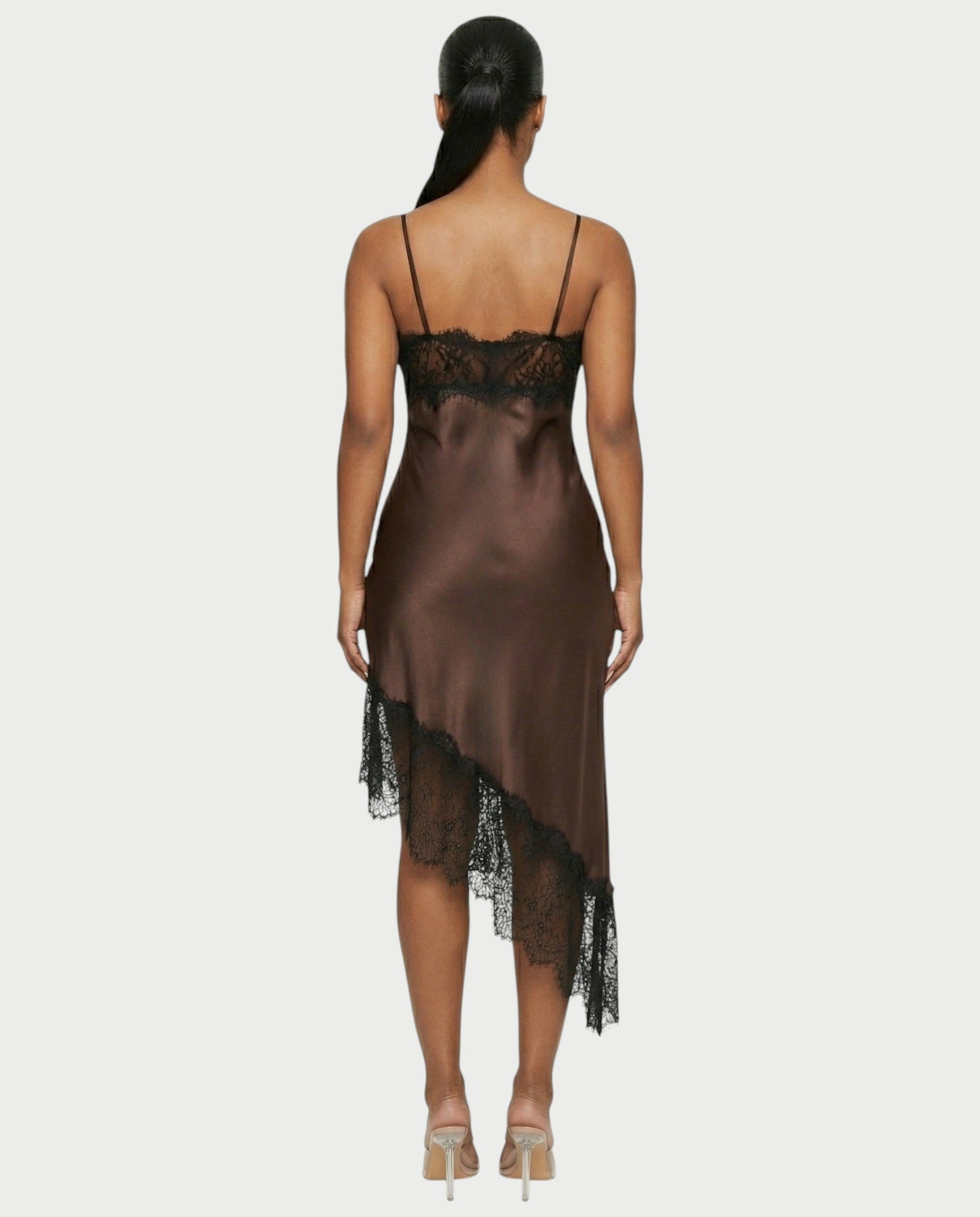 KARISA Sheer Lace Satin Midi Dress