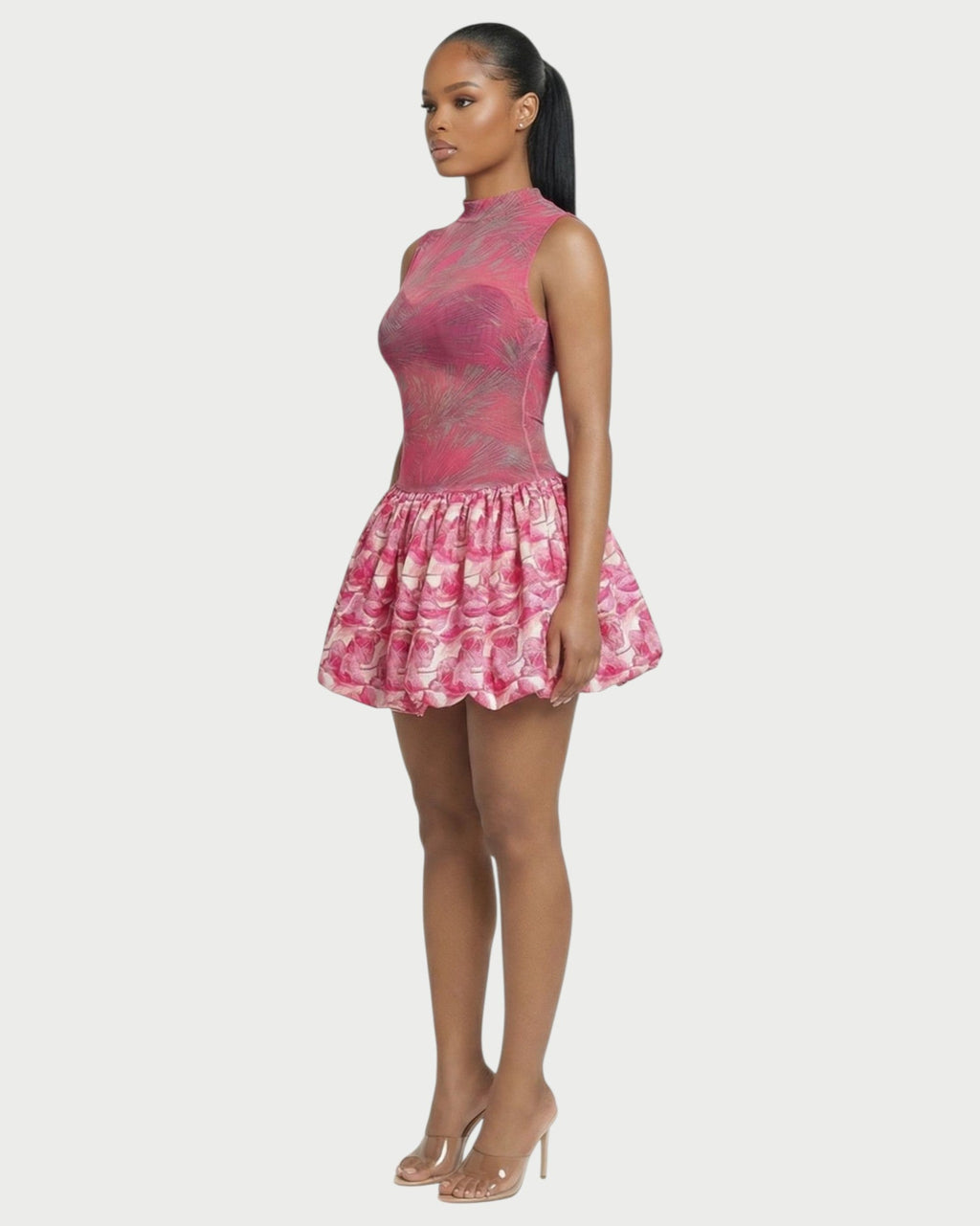 KNEO Floral Mesh Bubble Skirt Mini Dress