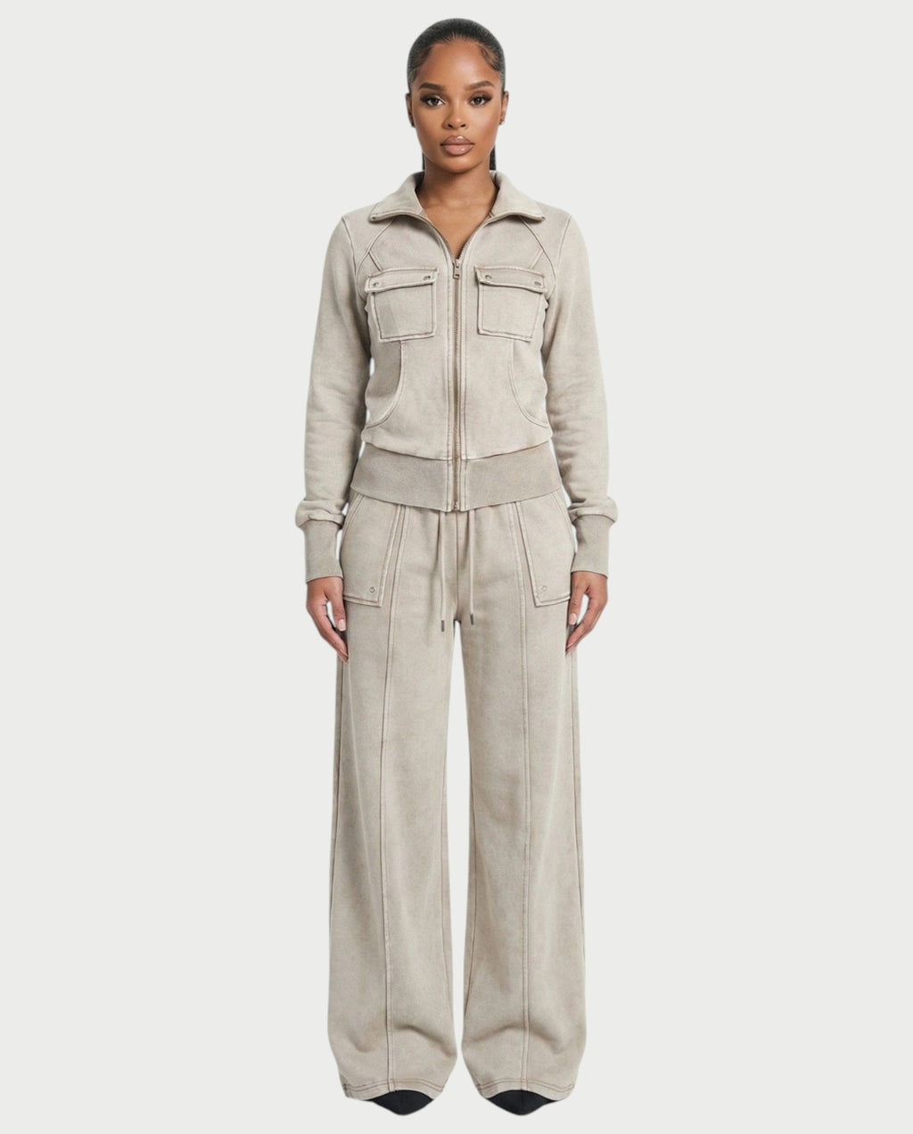 ASHINA Washed Zip-Up Jacket & Wide-Leg Drawstring Pants Set
