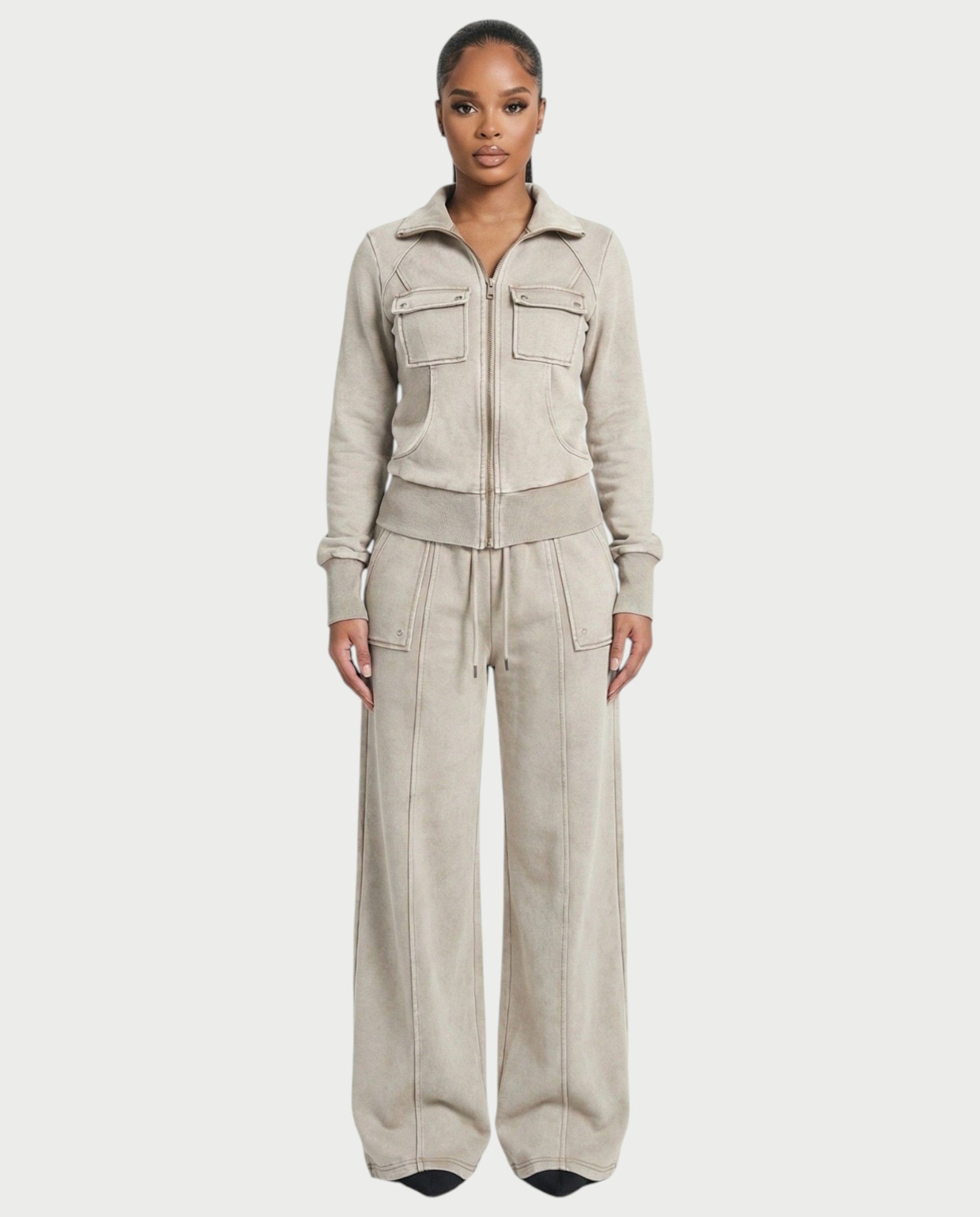 ASHINA Washed Zip-Up Jacket & Wide-Leg Drawstring Pants Set