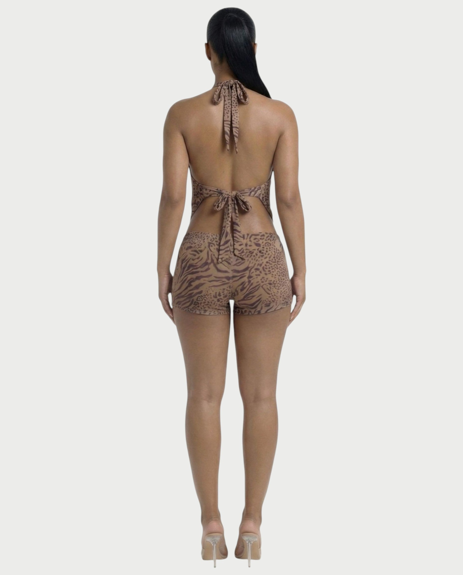 LARIMA Draped Halter Tie-Back Top & Bodycon Shorts Set