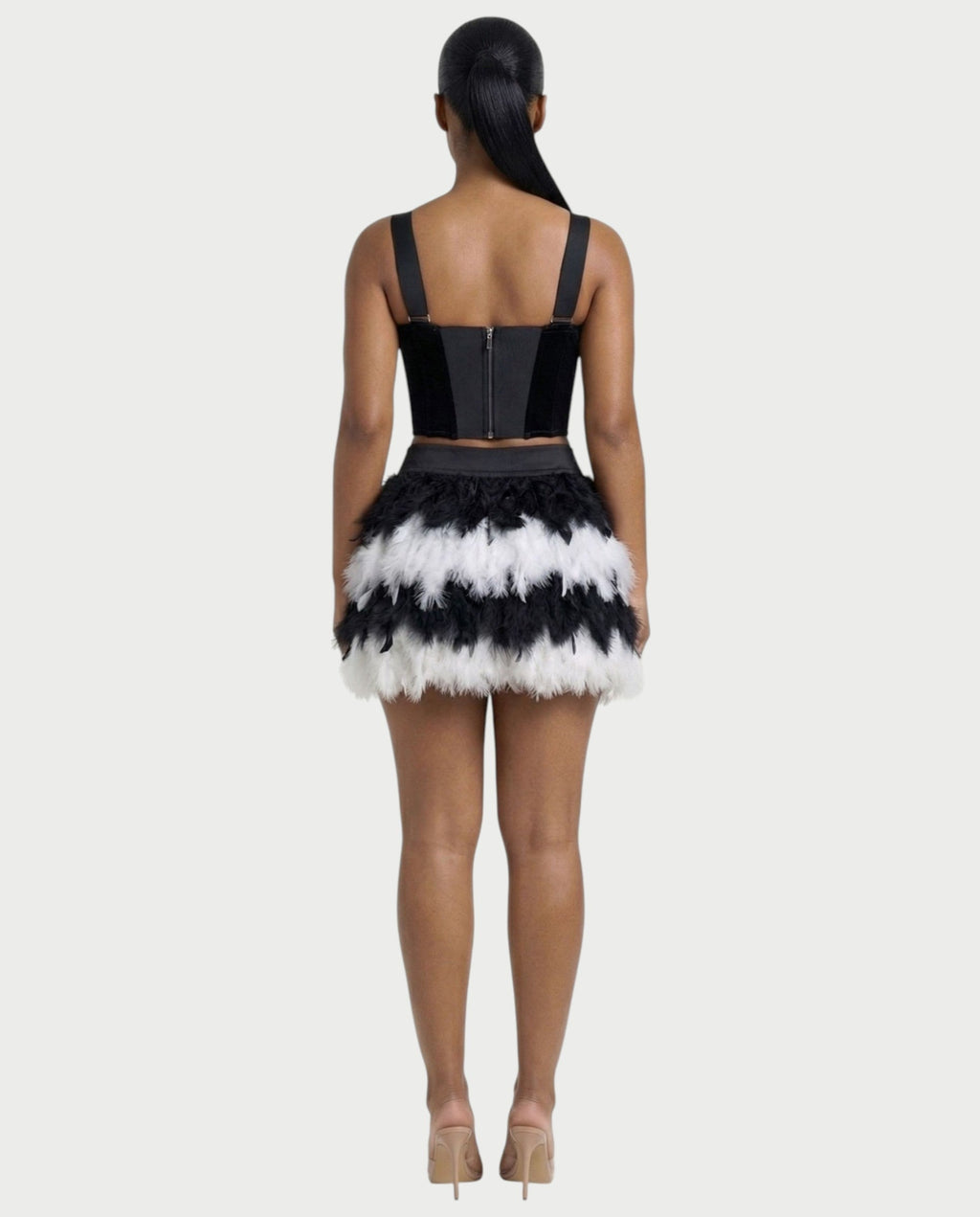 HALEYA Bow-Detail Corset Top & Feather Mini Skirt Set