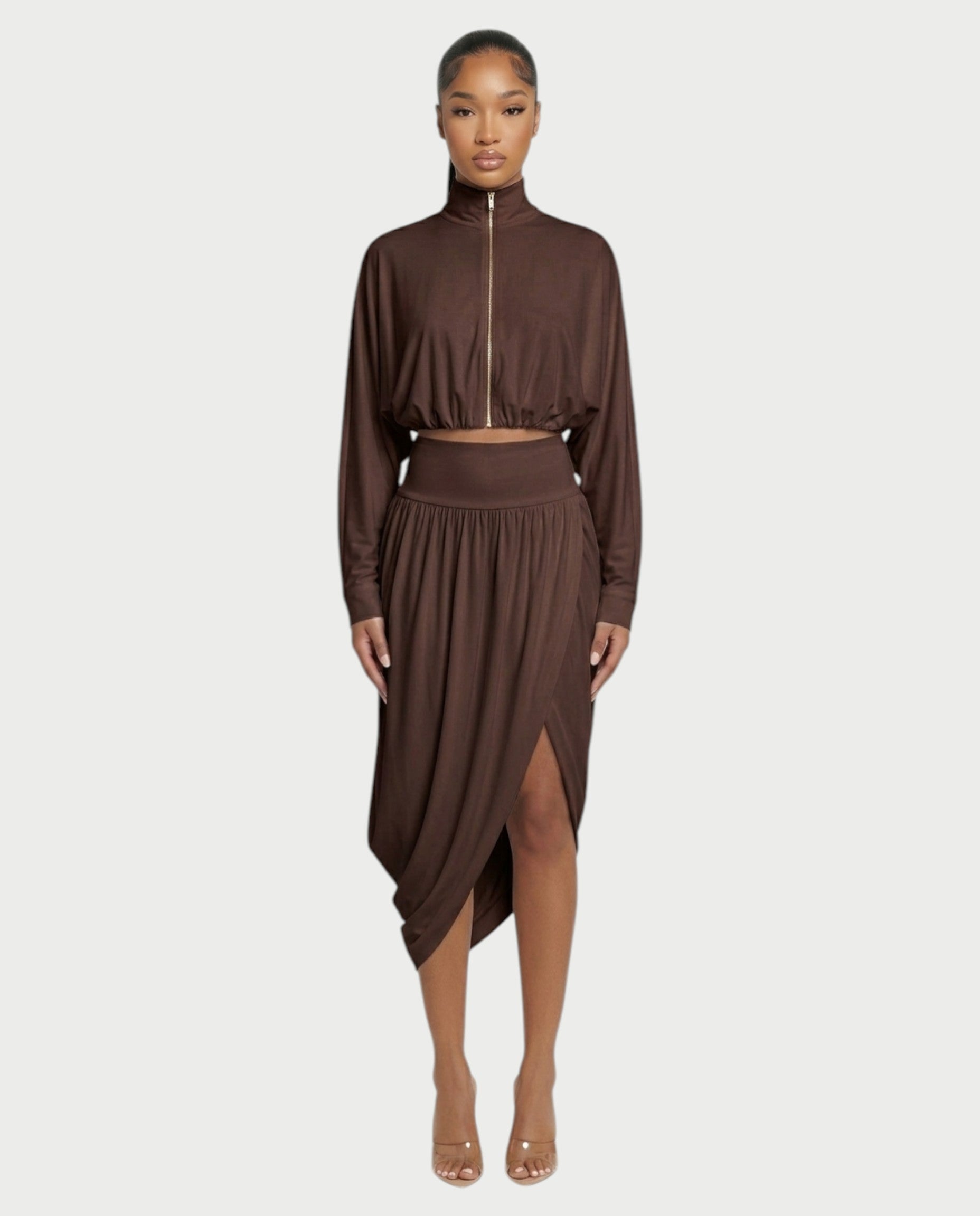 VANYS Zip-Up Crop Top & Draped Midi Skirt Set