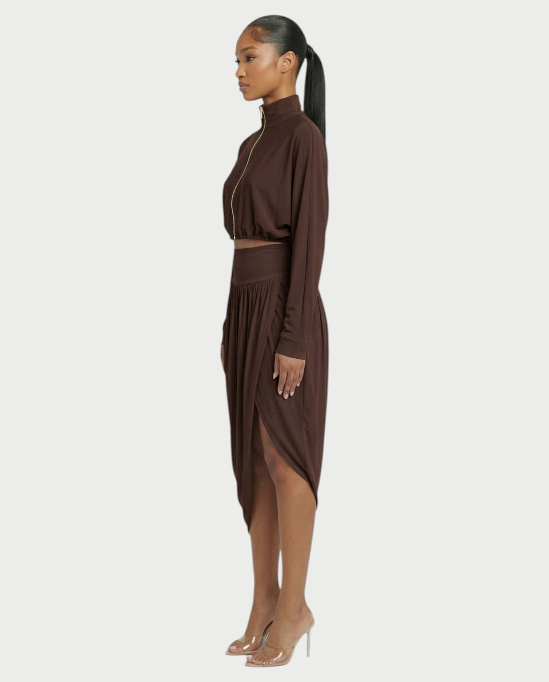 VANYS Zip-Up Crop Top & Draped Midi Skirt Set