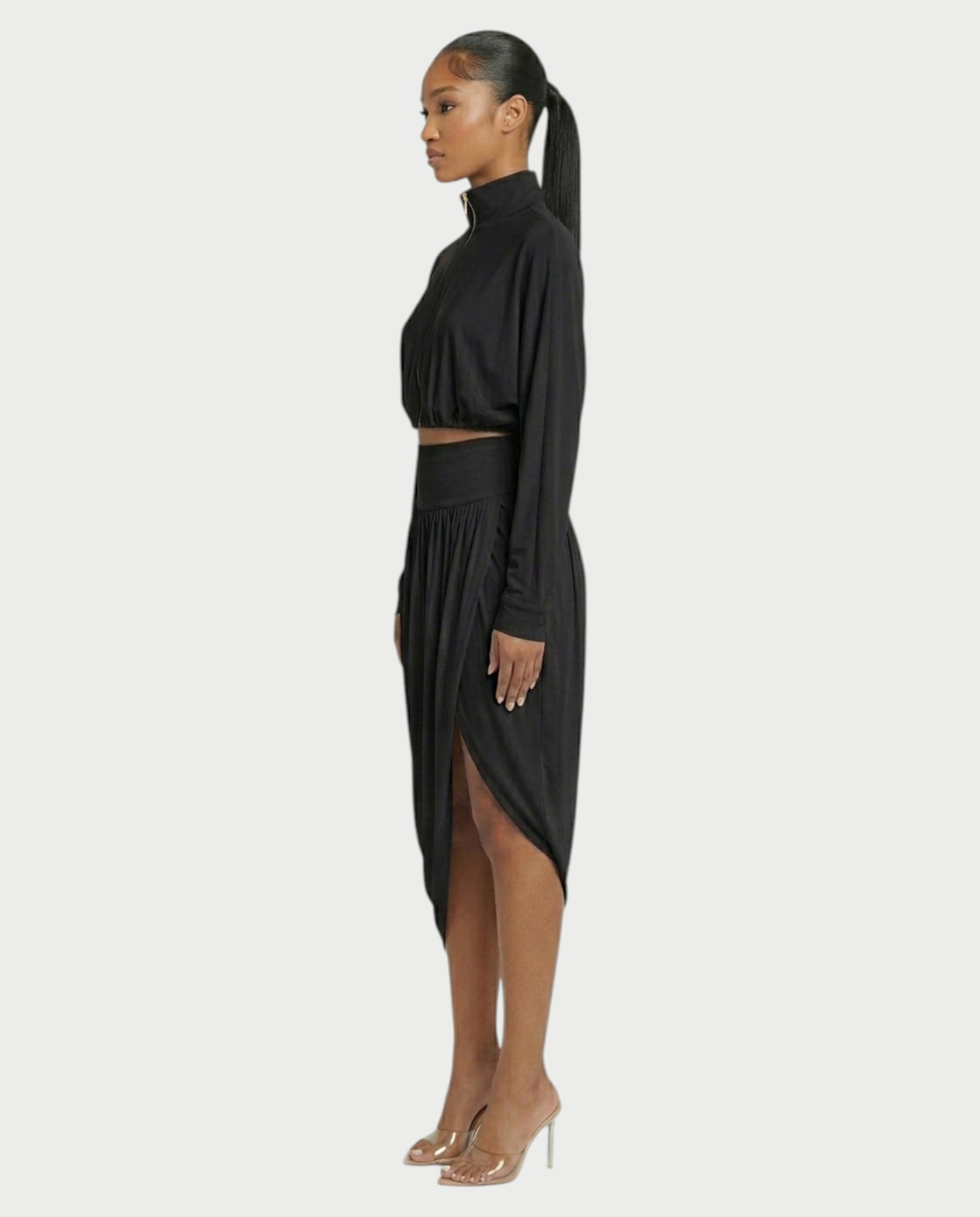 VANYS Zip-Up Crop Top & Draped Midi Skirt Set