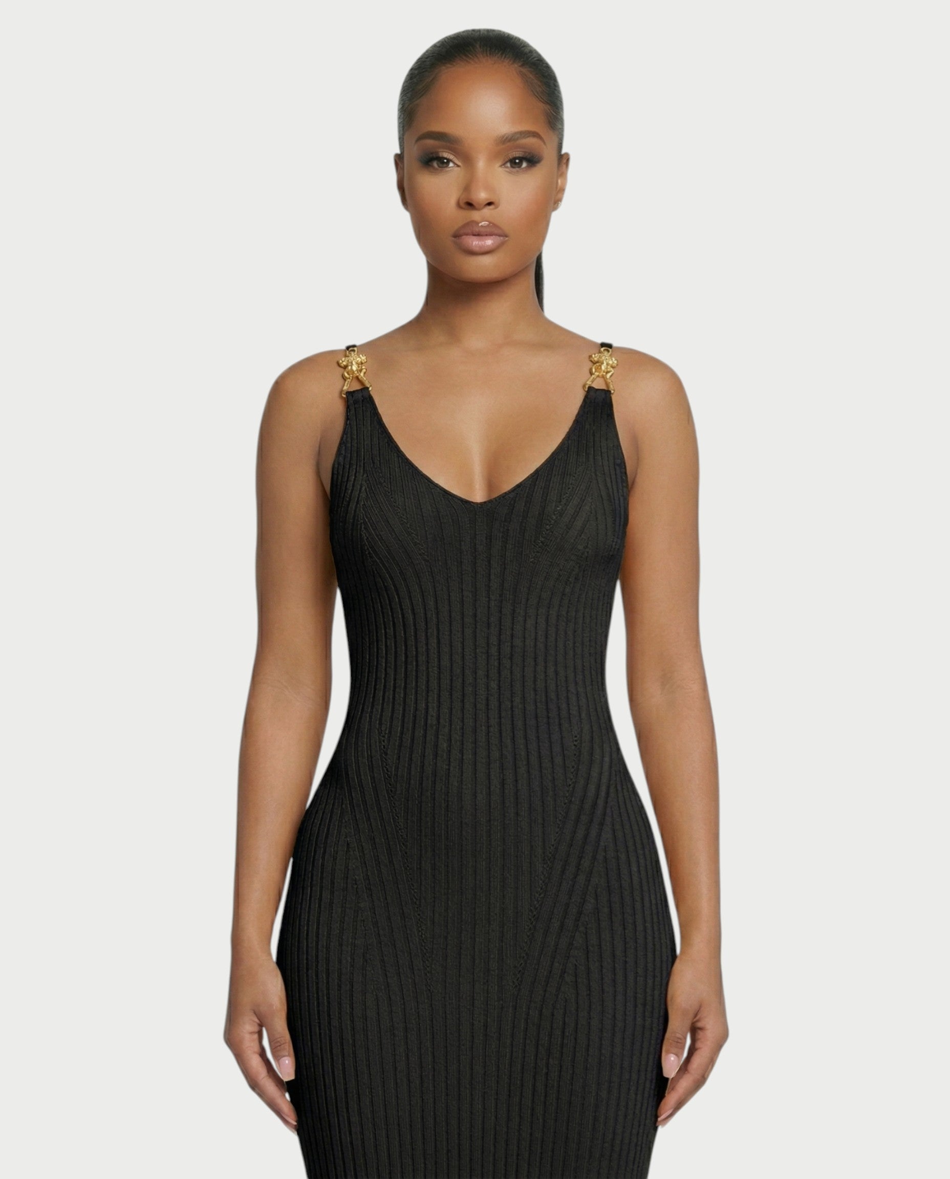 CARYS Ribbed Knit V-Neck Maxi Dress