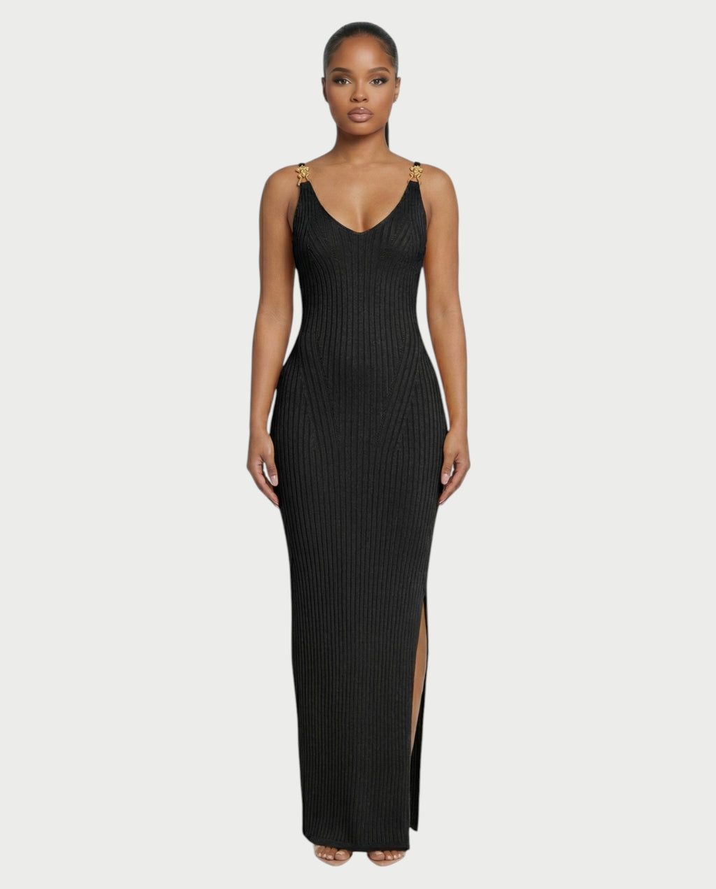 CARYS Ribbed Knit V-Neck Maxi Dress