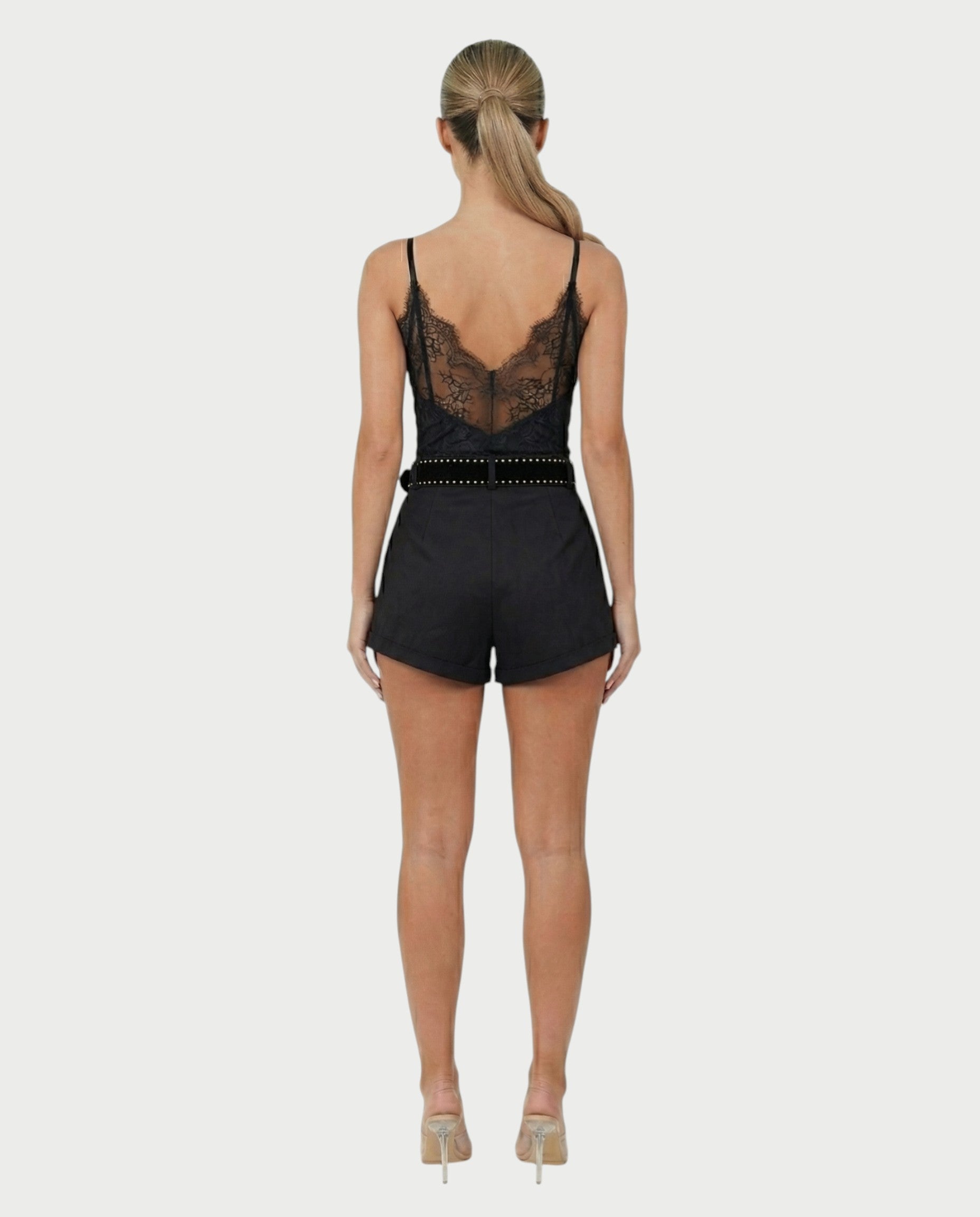 PERLINA High-Rise Gold Stud Belt Shorts