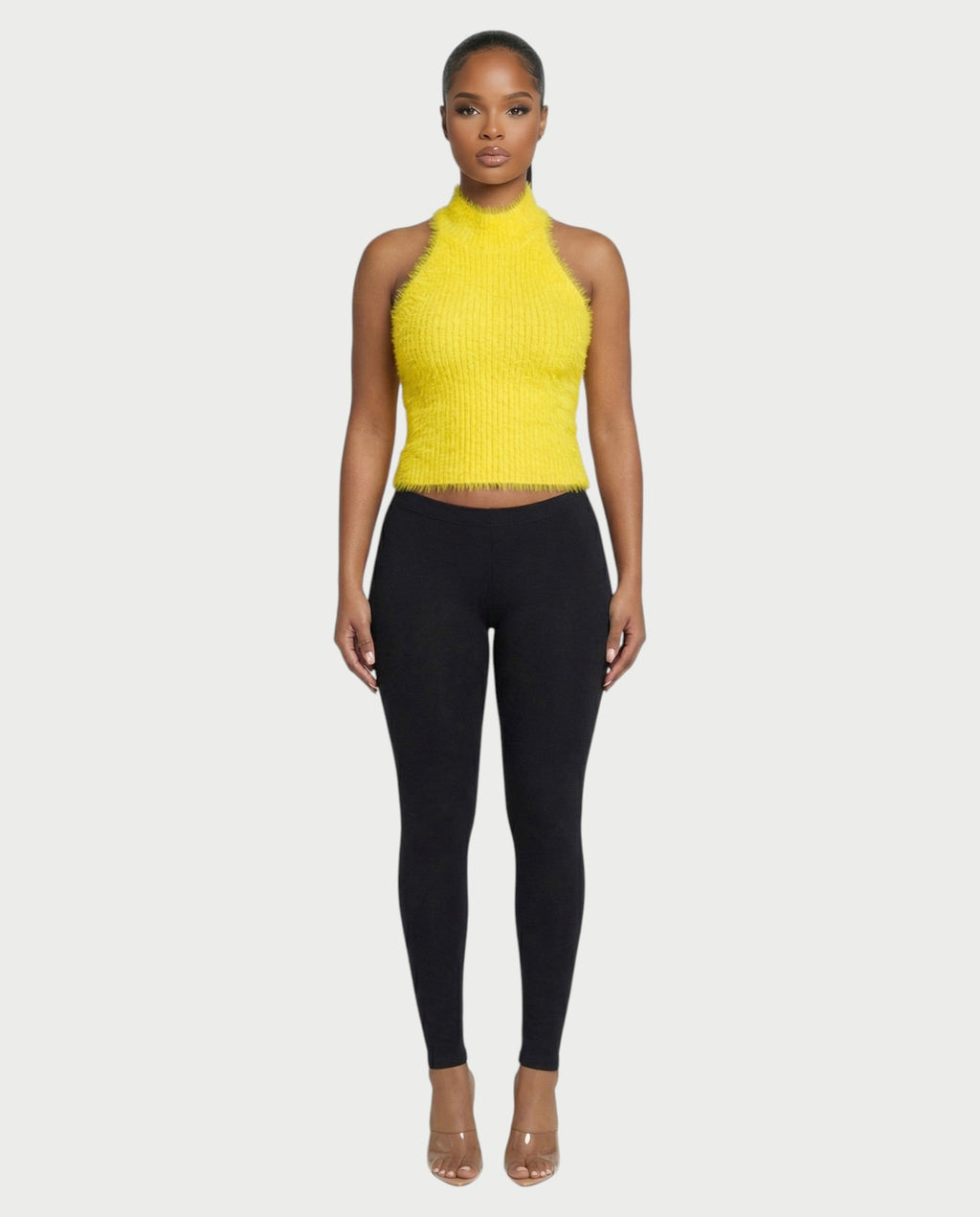 RALYN Fuzzy Ribbed Halter Neck Knit Top