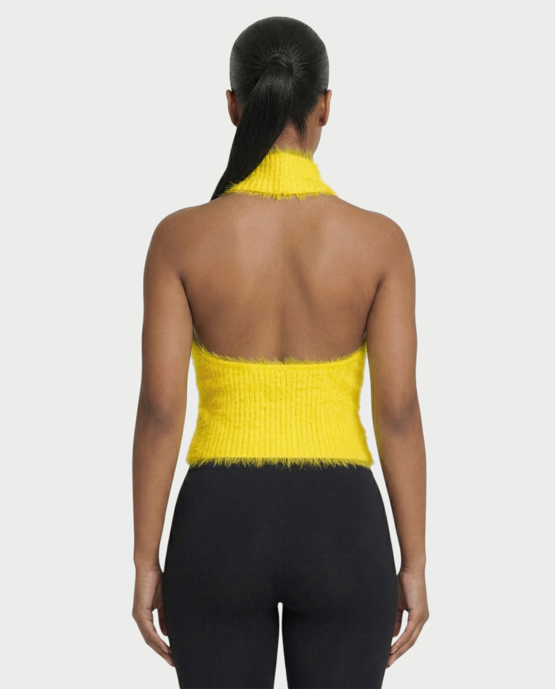 RALYN Fuzzy Ribbed Halter Neck Knit Top