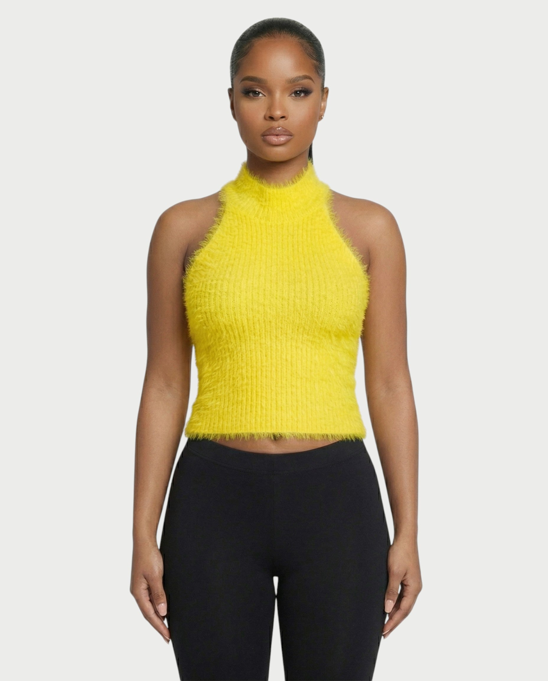 RALYN Fuzzy Ribbed Halter Neck Knit Top
