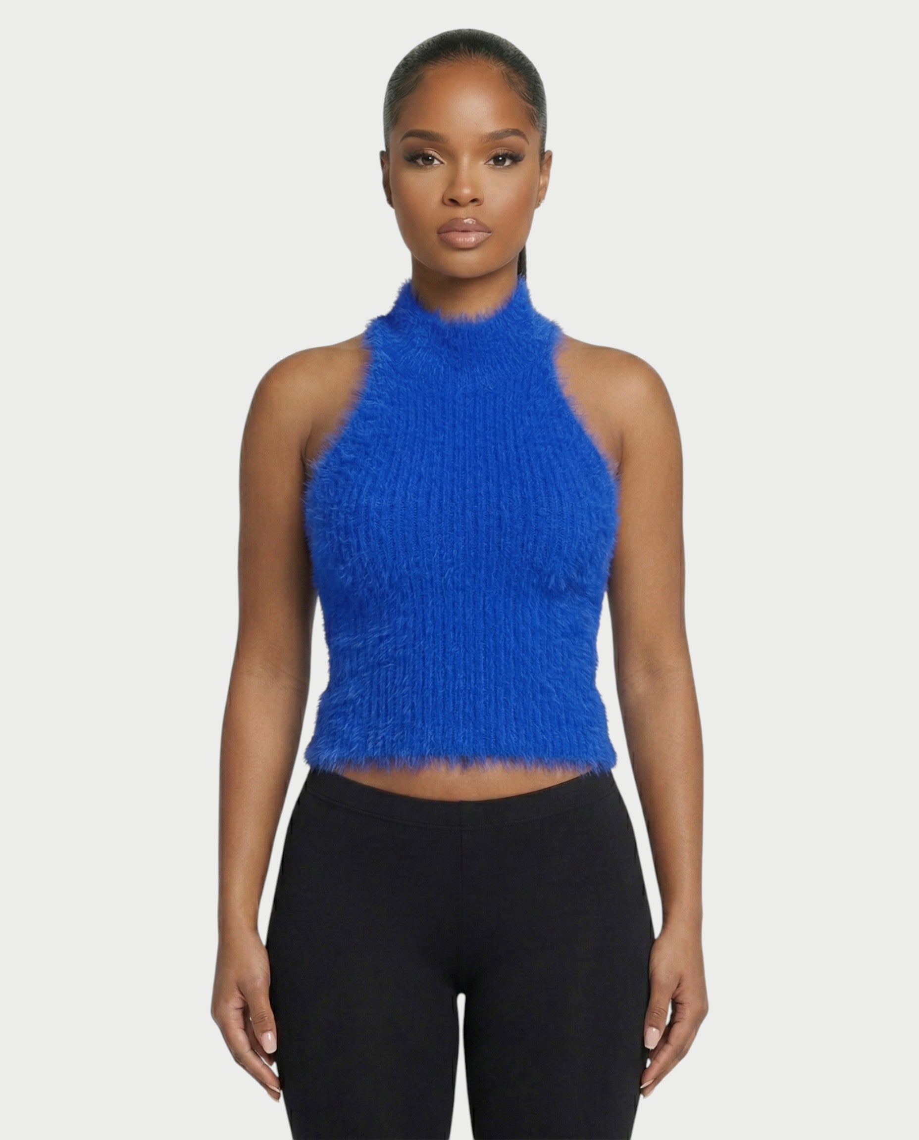 RALYN Fuzzy Ribbed Halter Neck Knit Top