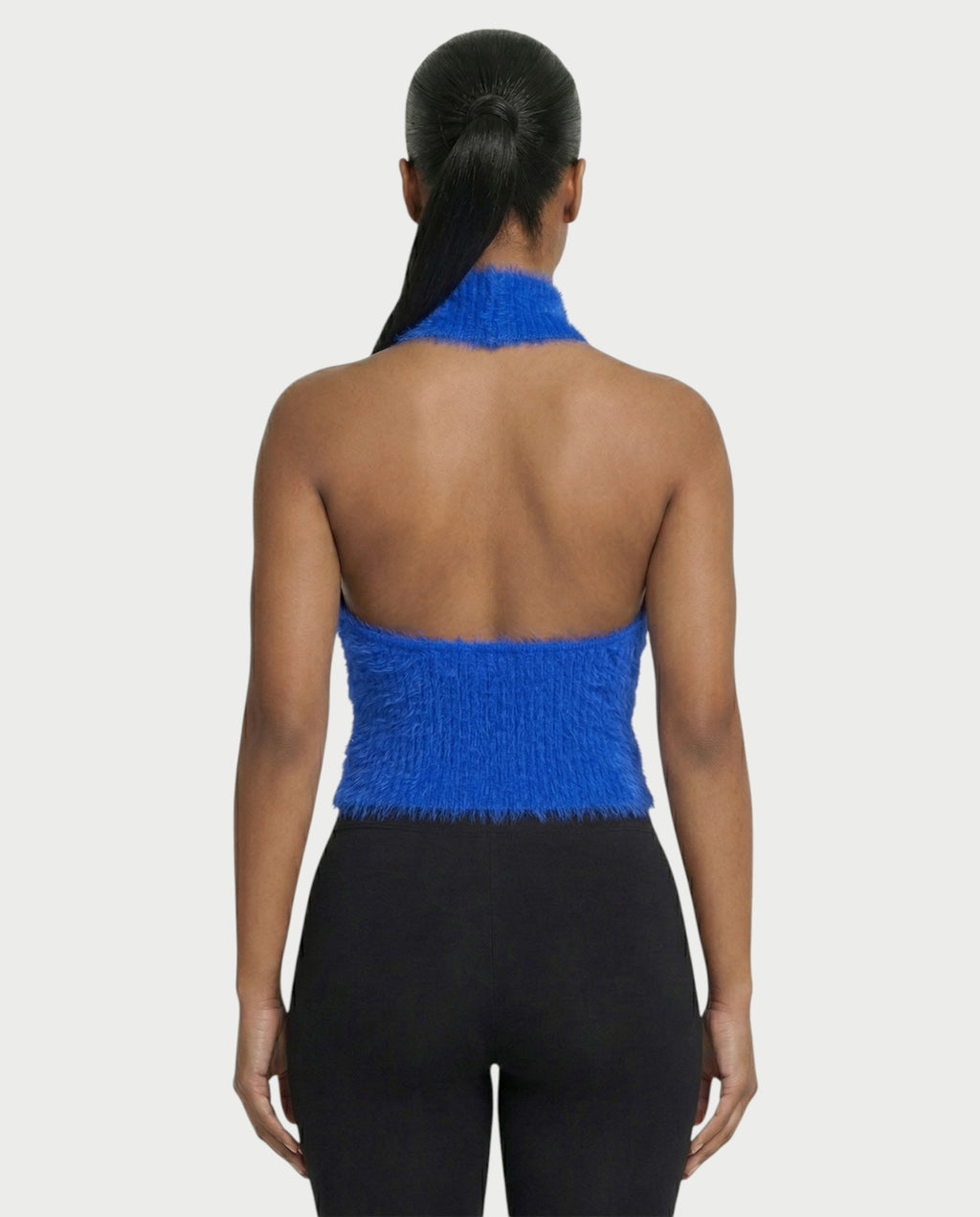 RALYN Fuzzy Ribbed Halter Neck Knit Top