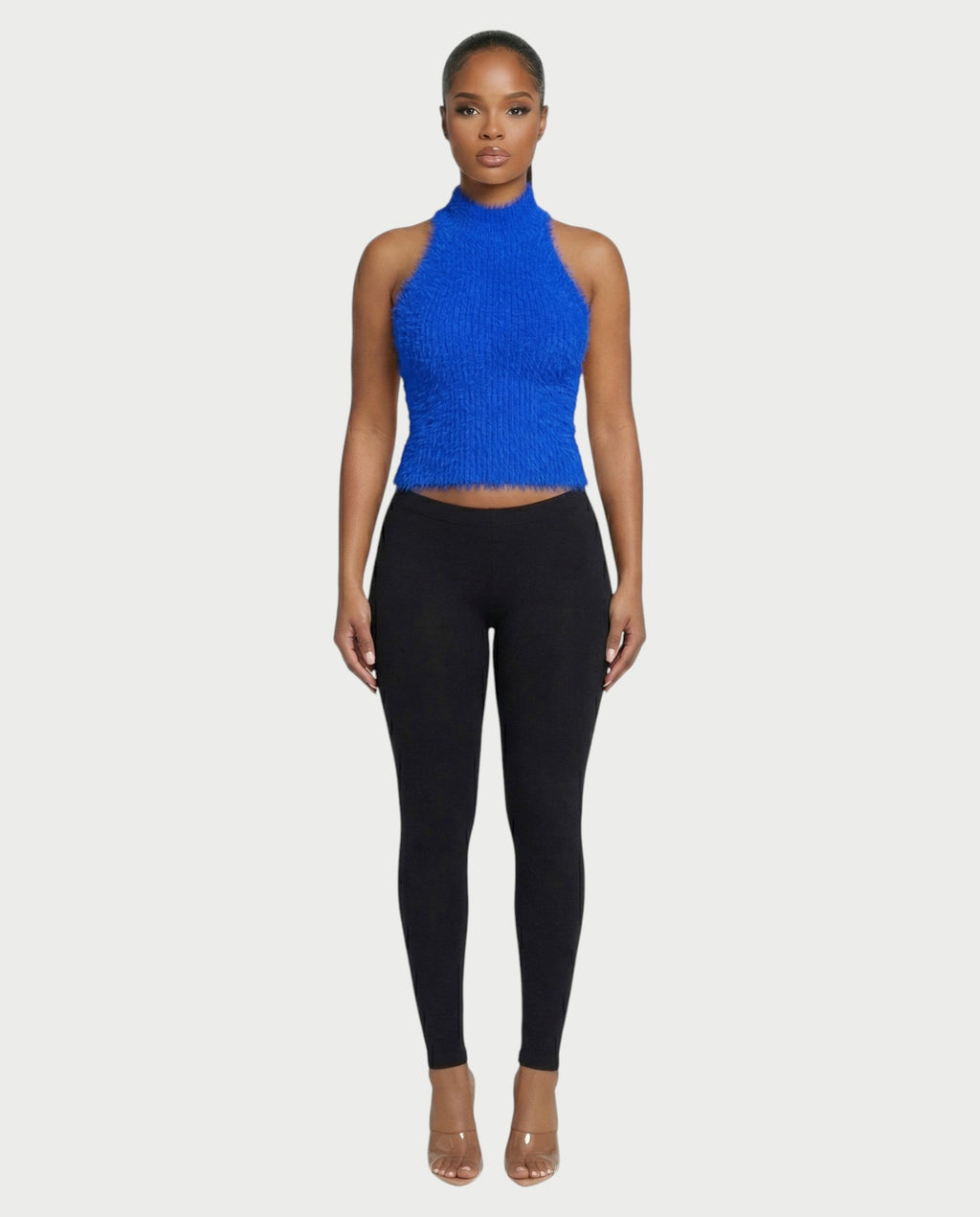 RALYN Fuzzy Ribbed Halter Neck Knit Top