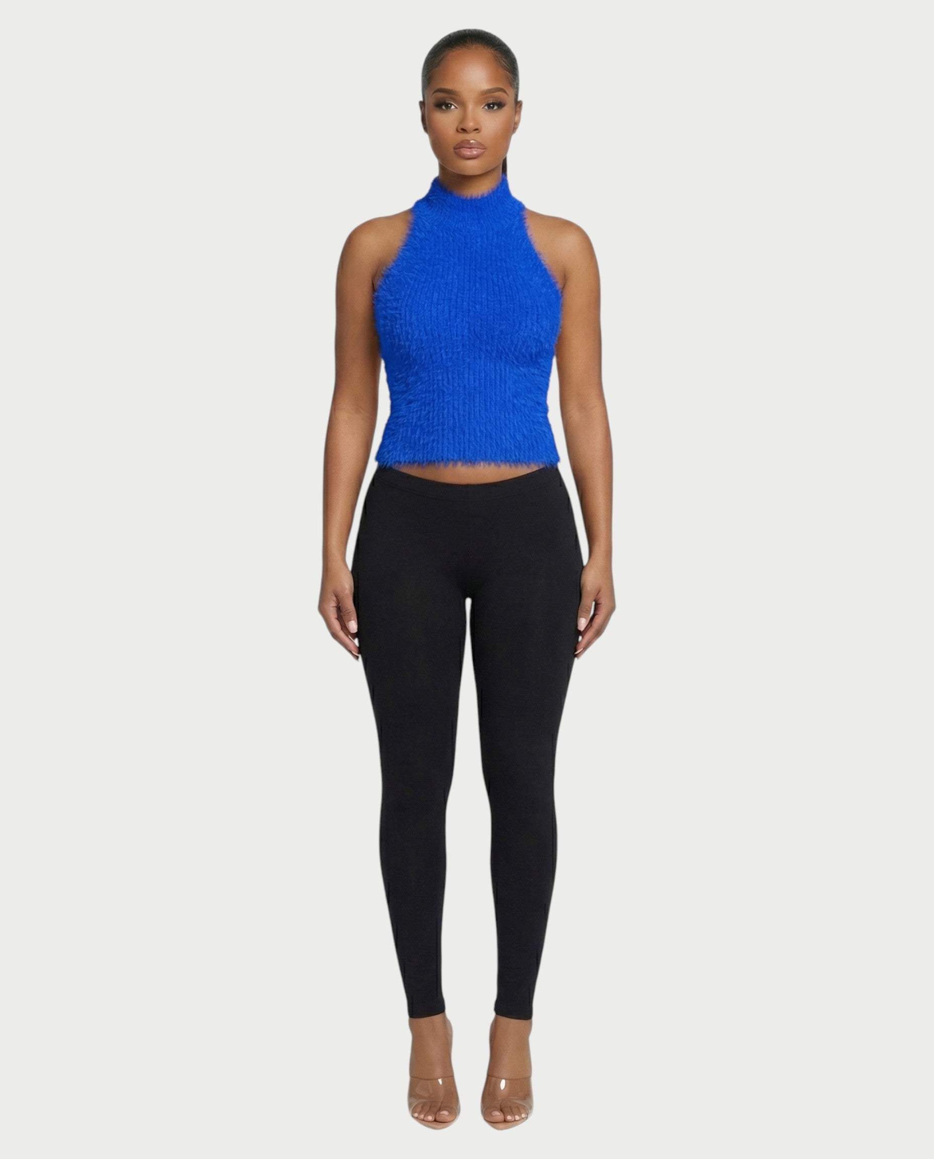 RALYN Fuzzy Ribbed Halter Neck Knit Top