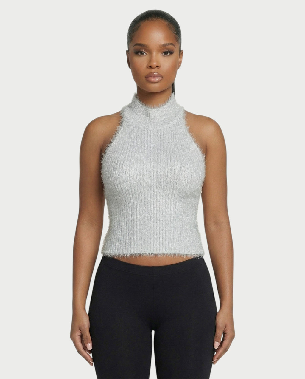 RALYN Fuzzy Ribbed Halter Neck Knit Top
