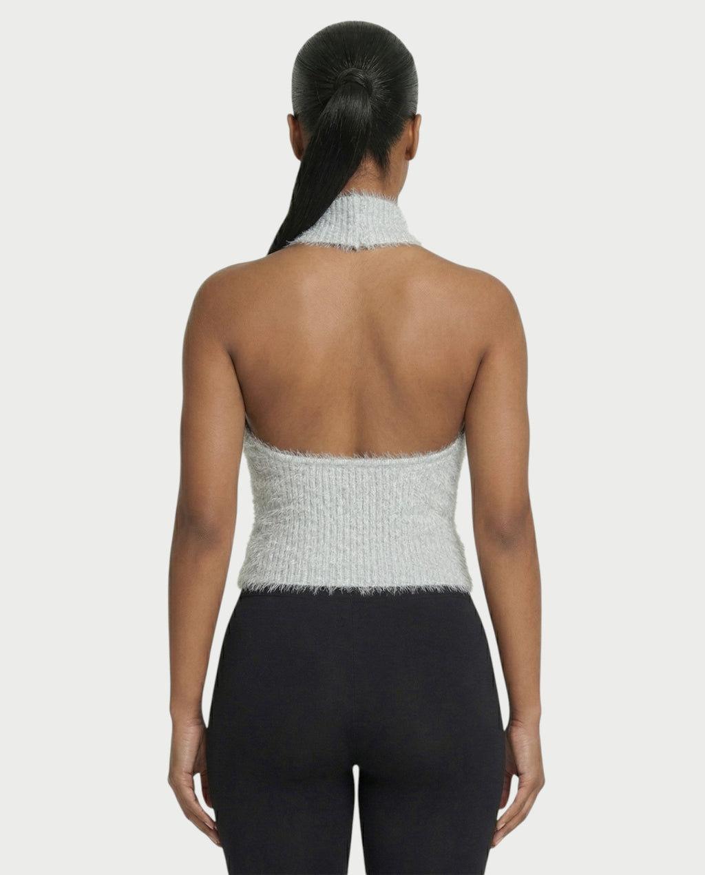 RALYN Fuzzy Ribbed Halter Neck Knit Top