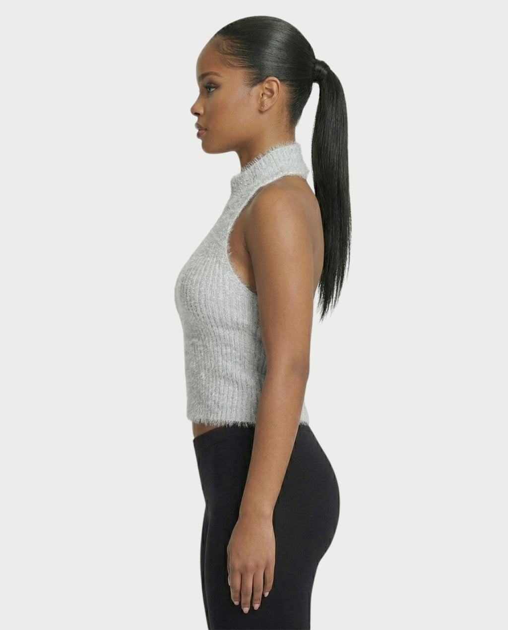 RALYN Fuzzy Ribbed Halter Neck Knit Top