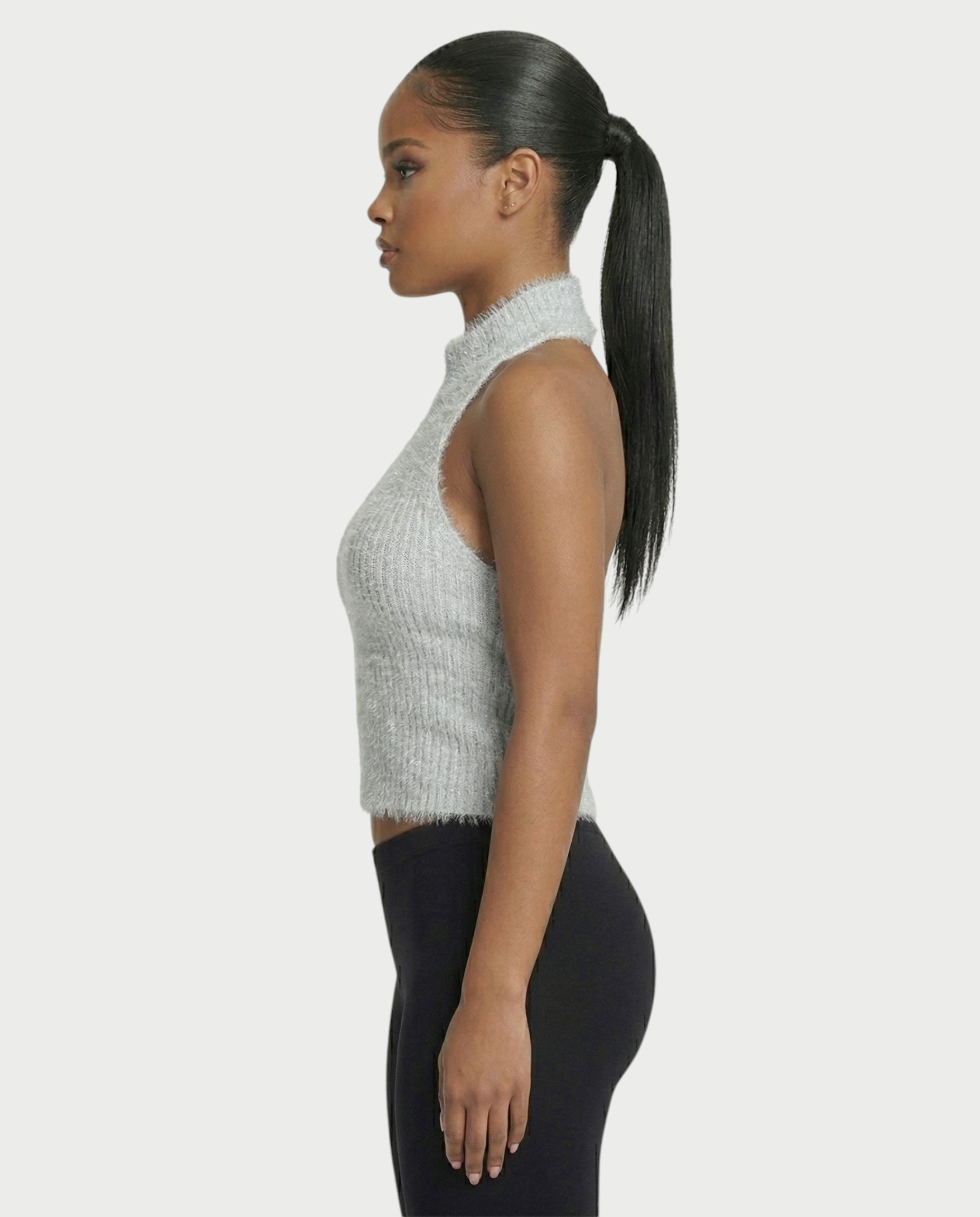 RALYN Fuzzy Ribbed Halter Neck Knit Top