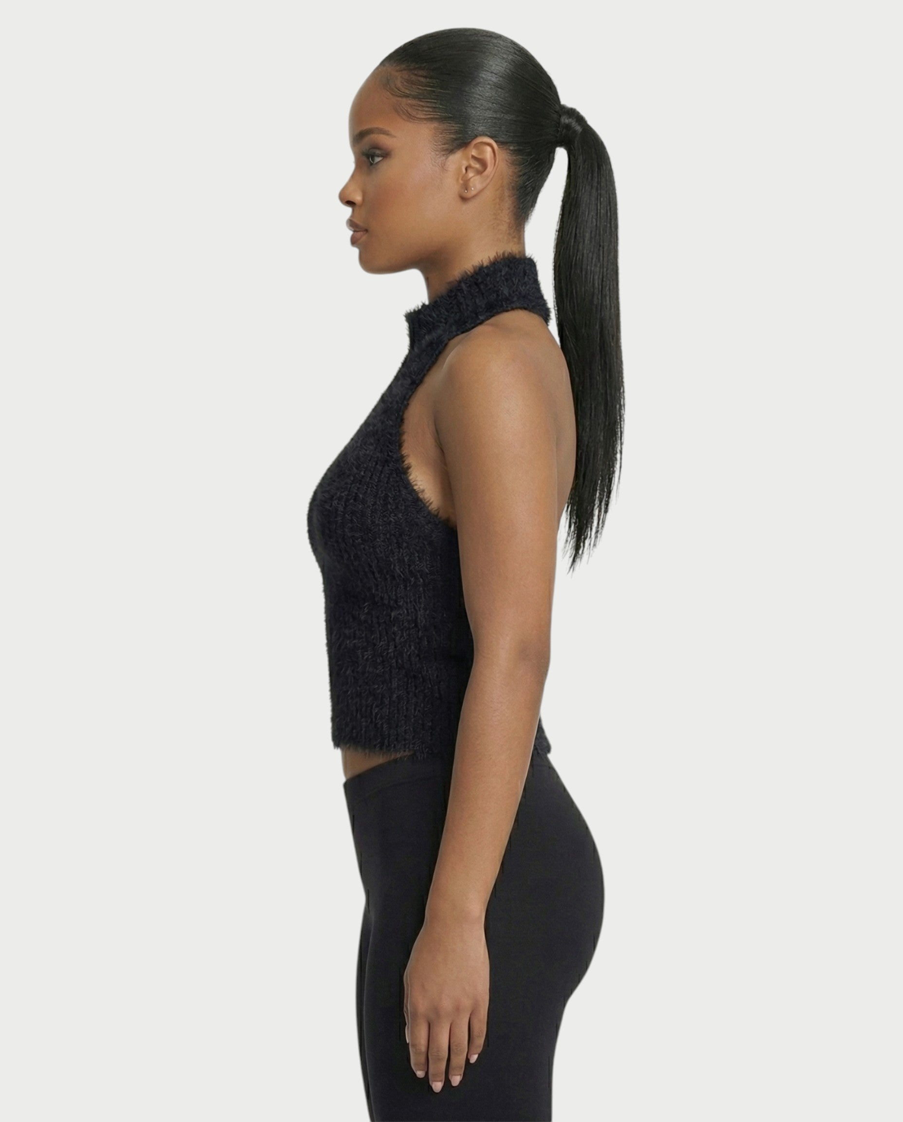 RALYN Fuzzy Ribbed Halter Neck Knit Top